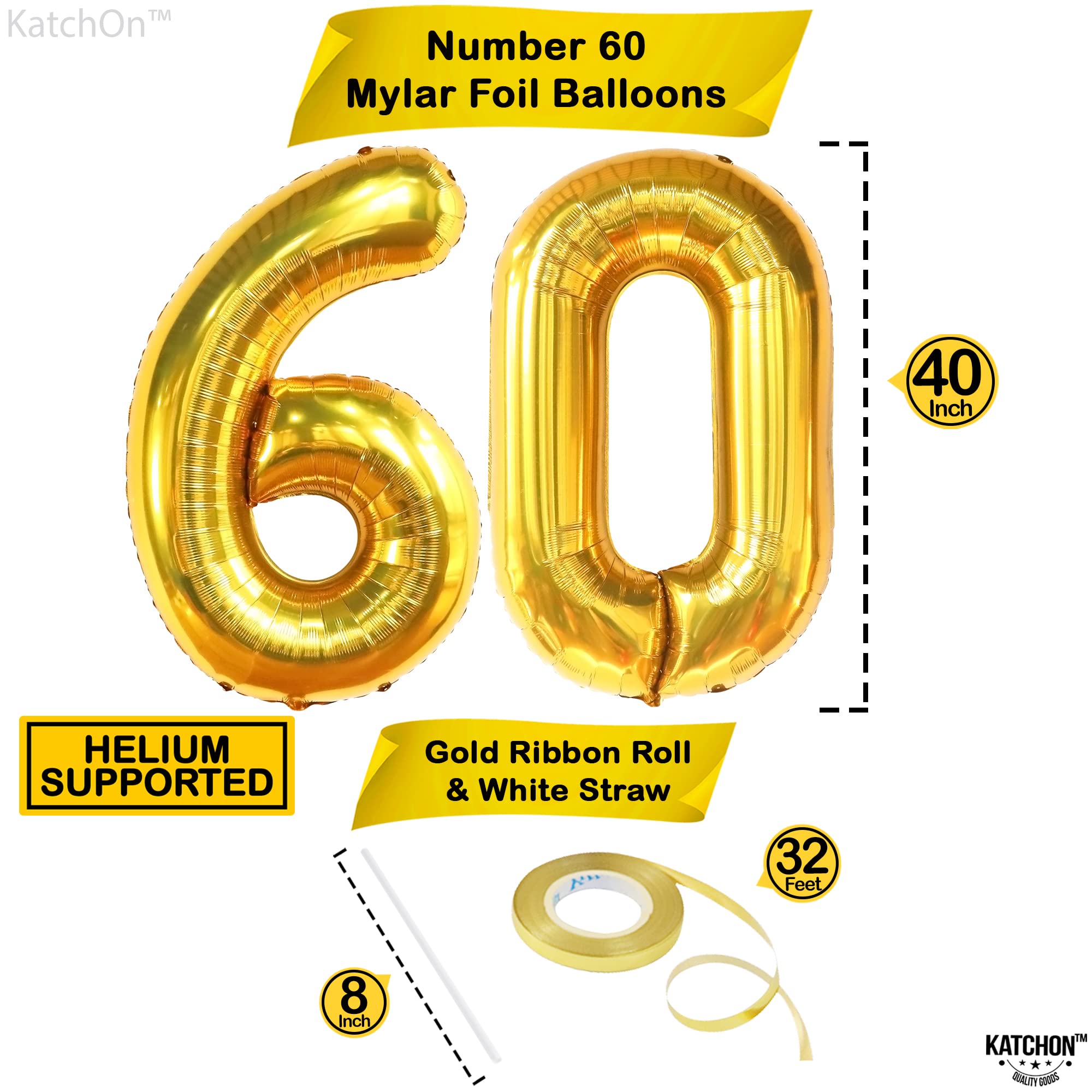 KatchOn 40 Inch Gold 60 Balloon Numbers - Large Foil Balloons for 60th Birthday Party Decorations | Happy Birthday Decor for Anniversary, Retirement & Milestone Celebrations | Perfect for Backdrop, Photo Booth & Event Centerpieces