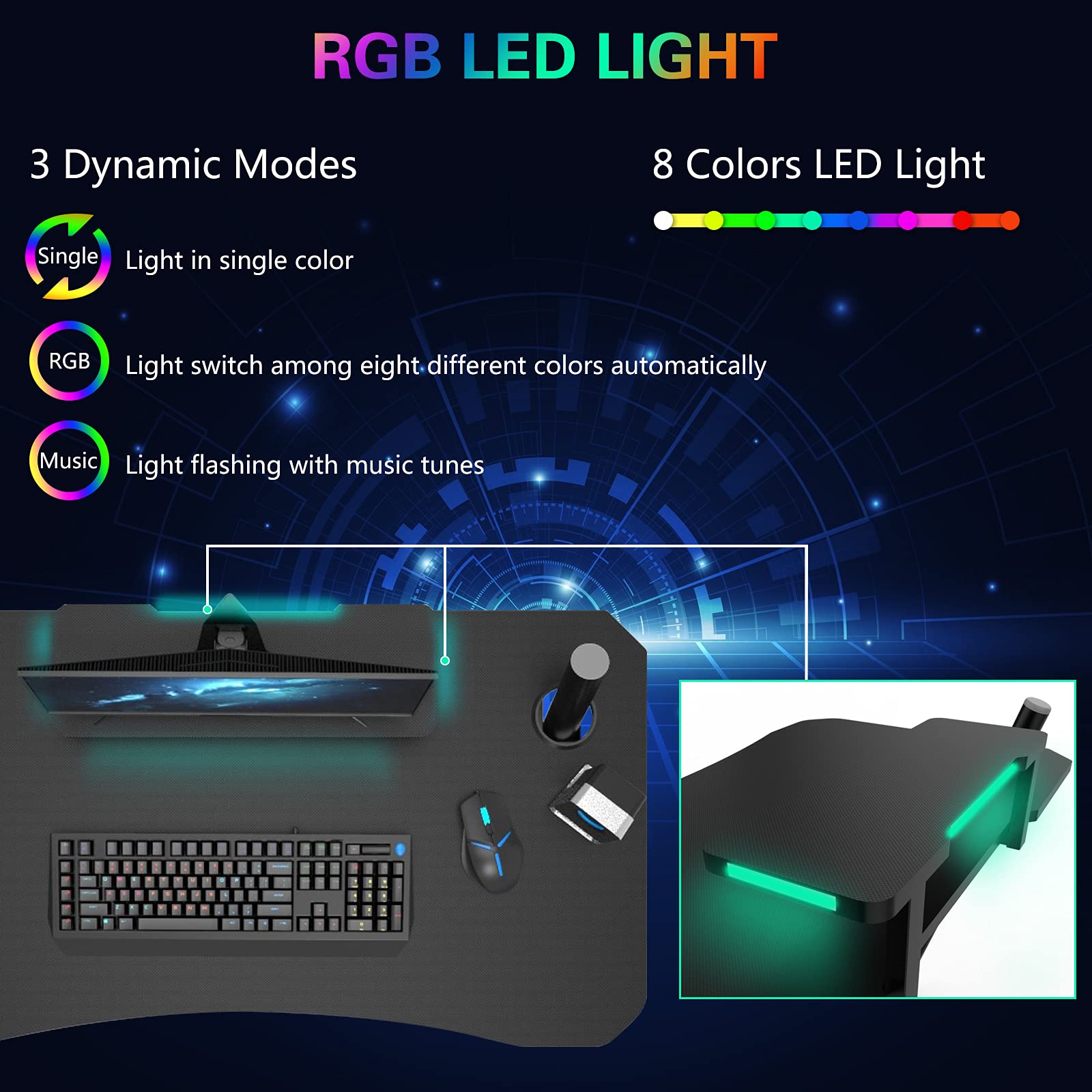 41 Inch Black Computer Gaming Desk with LED Lights & Monitor Stand - Adjustable PC Workstation for Home Office & Gaming Setup