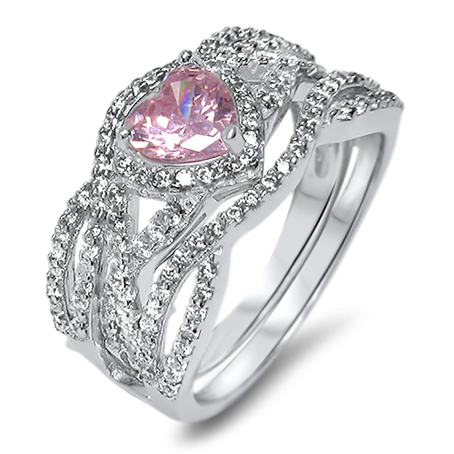 LaRaso & Co Sterling Silver Pink CZ Simulated Sapphire Matching Couple Rings Set - His & Her Wedding Bands, Engagement Rings for Bridal Jewelry - Perfect for Anniversaries, Proposals & Romantic Gifts