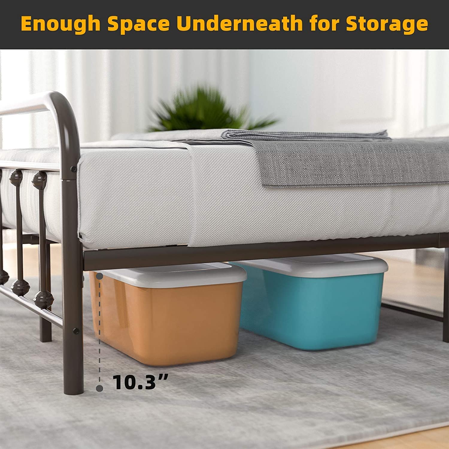 Queen Metal Bed Frame with Headboard & Footboard - Sturdy Steel Farmhouse Bedframe, No Box Spring Needed, Under Bed Storage - Perfect for Kids' Rooms, Guest Bedrooms & Small Spaces (Brown)