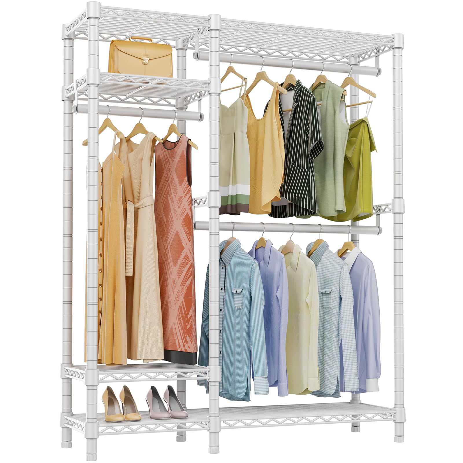 VIPEK V2S Heavy Duty 4-Tier Metal Clothes Rack with 3 Hanging Rods - 800LBS Capacity Freestanding Garment Storage Organizer for Closet, Laundry Room, or Commercial Use - White