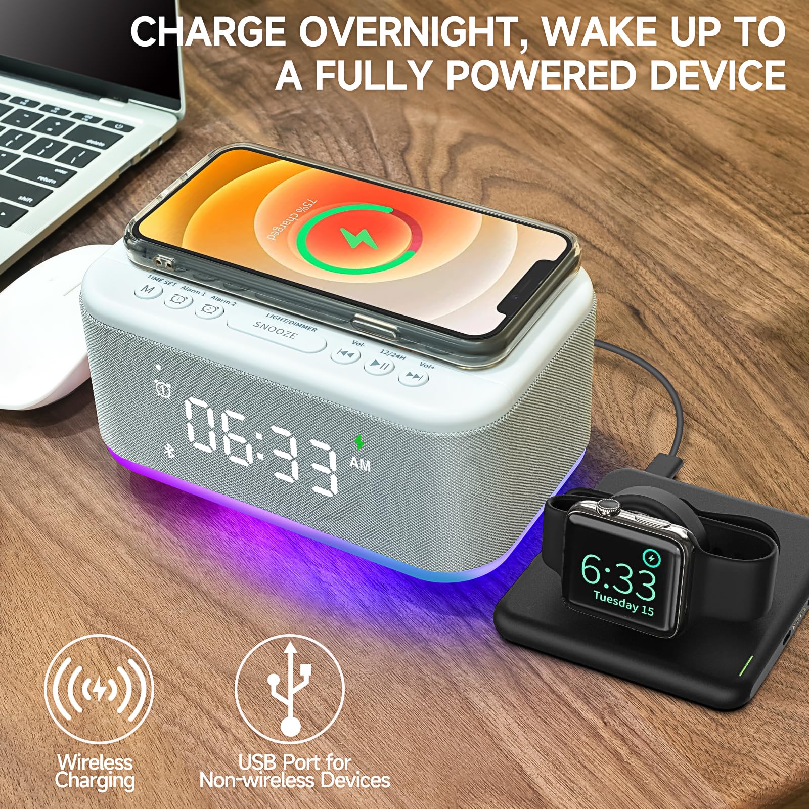 Wireless Charging Alarm Clock with Bluetooth Speaker - Digital LED Display, Dimmable RGB Night Light, Dual Alarm & Snooze - Perfect for Bedroom, Office, Travel (12/24H, USB/AUX, Gray A21-B)
