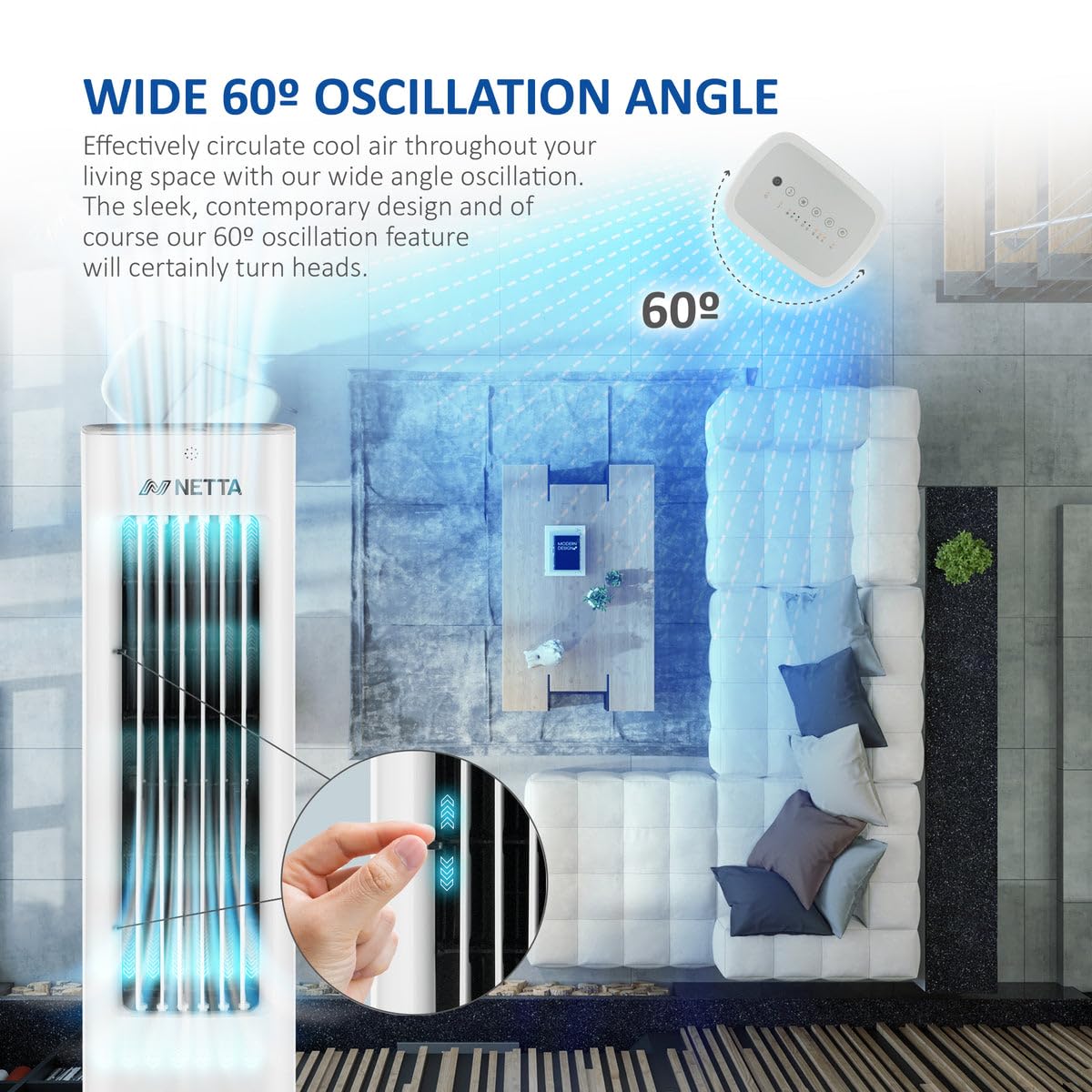 NETTA 5L Portable Air Cooler with Remote Control - 3 Fan Speeds, 3 Modes & Humidifier | High Power Evaporative Cooling for Home, Office & Bedroom | Includes 2 Ice Packs & Auto Oscillation (55W) - Perfect for Summer, Indoor Use & Personal Cooling