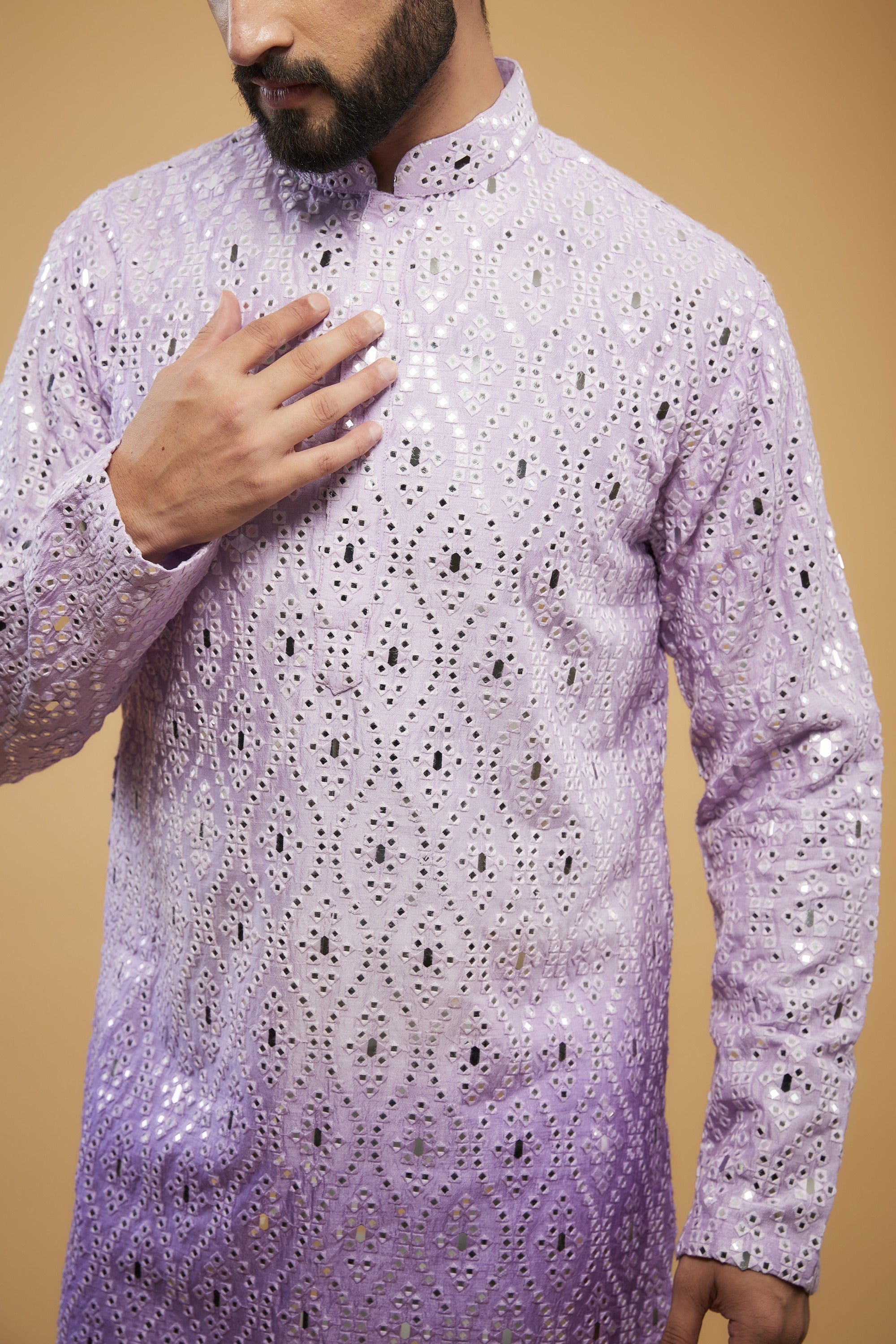 Lavender Ombre Mirror Work Kurta with Intricate Thread Embroidery - Perfect for Festive Occasions, Weddings & Ethnic Fashion