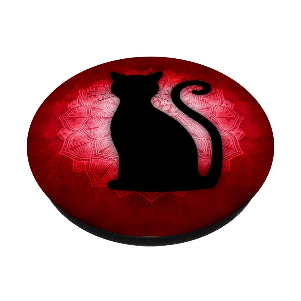 Cat Design Black Shape Red Mandala Flower PopSockets PopGrip: Swappable Phone & Tablet Grip for Secure Hold, Stylish Accessory for Everyday Use, Travel, and Work