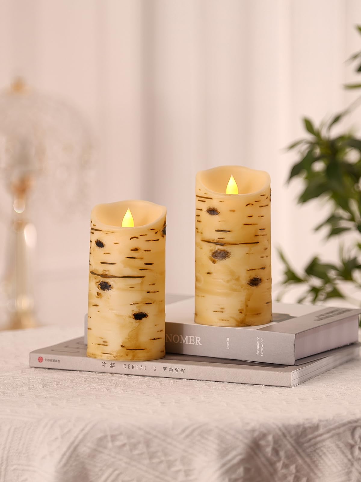 Flameless LED Candles with Timer - 2 Pack Realistic Birch Grain Battery Operated Fake Candles (3.25