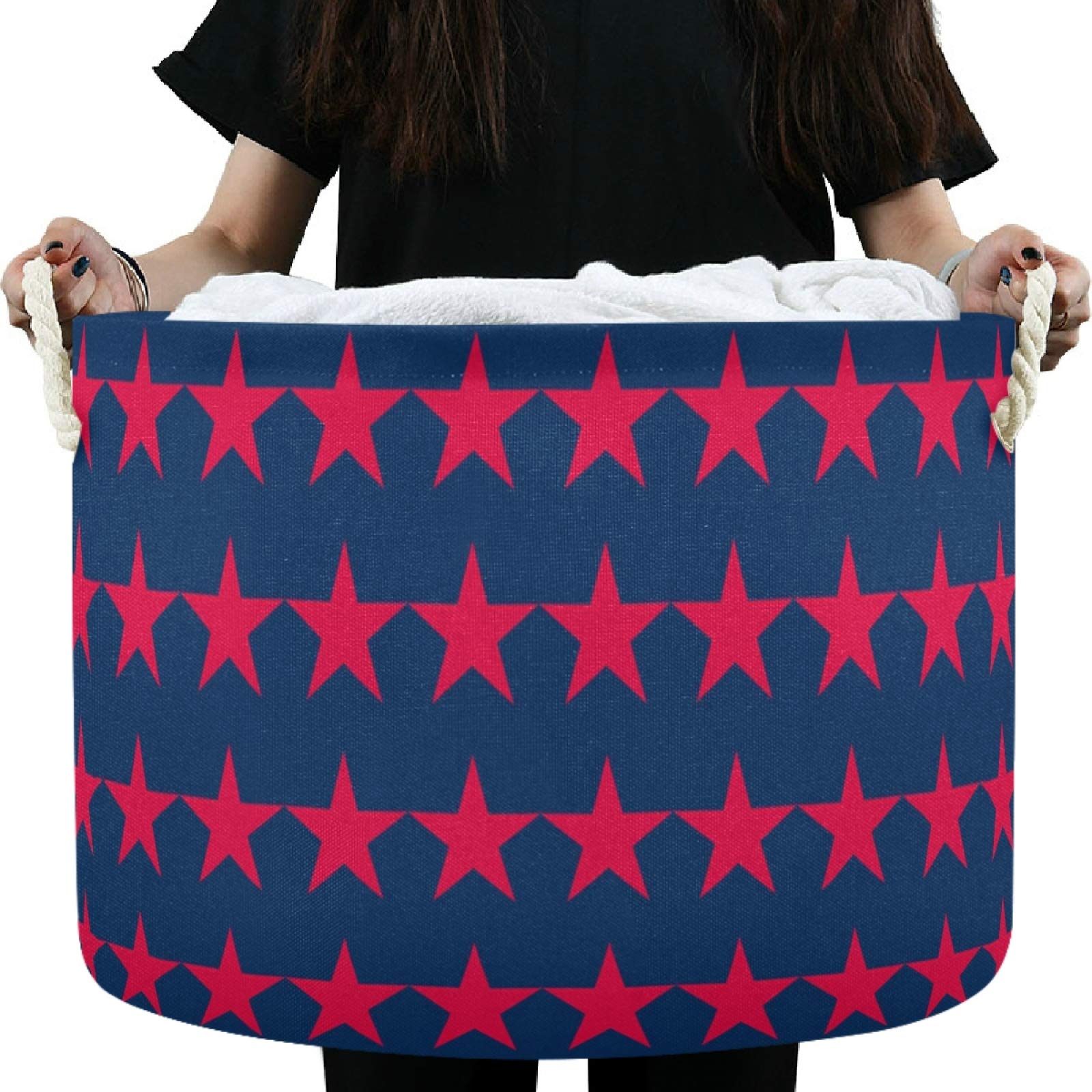 Visesunny Storage Basket with Red Stars on Blue - Nursery Hamper, Canvas Fabric Toy Organizer Bin, Laundry Basket for Kids Room, Playroom, Shelves | Perfect for Toy Storage, Gift Basket & Baby Clothes Organization