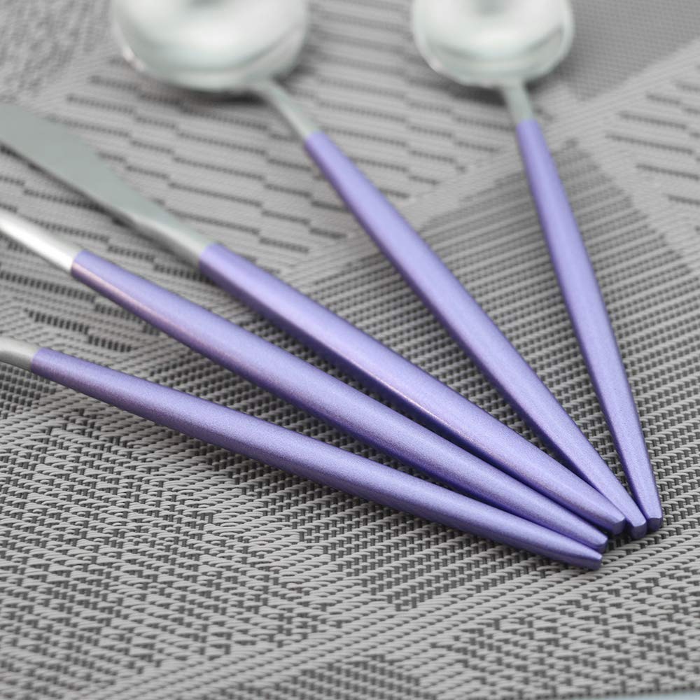 Premium 5-Piece Stainless Steel Flatware Set - 18/10 Rustproof Silverware for Home, Kitchen, Restaurant & Travel - Matte Finish with Purple Handle - Elegant Dining Utensils for Everyday Meals, Dinner Parties & Outdoor Picnics