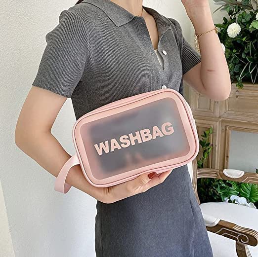 WELL ENTERPRISE 3-Pack Pink Transparent Cosmetic Wash Bags - Waterproof Makeup Pouch & Travel Toiletry Organizer with Zipper & Handle for Women & Men - Perfect for Gym, Travel, and Daily Beauty Storage