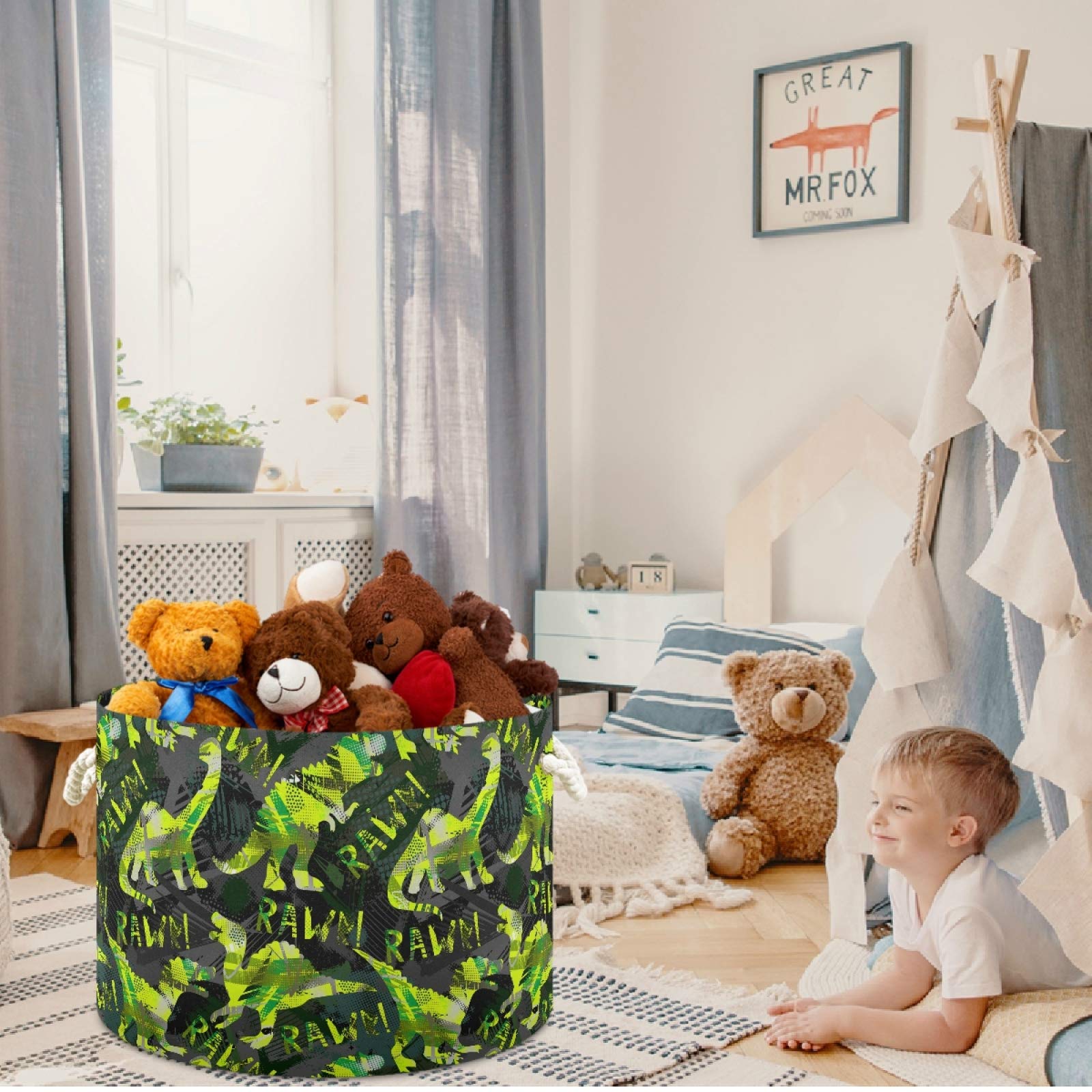 Visesunny Collapsible Large Capacity Storage Basket - Green Dinosaur Black Pattern Clothes & Toy Organizer with Durable Cotton Handles | Perfect for Bathroom, Bedroom, Nursery, Laundry & Closet Organization | Space-Saving Home Storage Solution for Kids' Rooms, Playrooms & Dorm Organization
