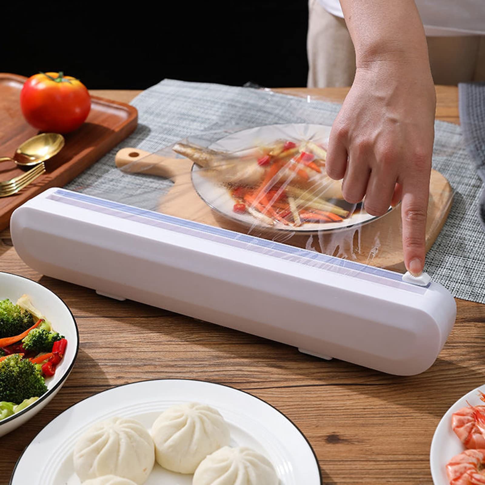 **Reusable Plastic Wrap Dispenser with Built-in Cutter - White Kitchen Drawer Organizer for Food Storage, Cling Film & Aluminum Foil - Space Saving & Hangable for Pantry, Office, or Dorm Use**