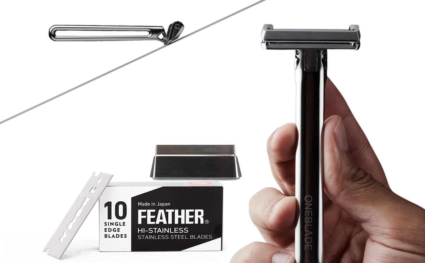OneBlade Genesis Single Blade Safety Razor for Men - Premium Stainless Steel Pivoting Head Razor with Stand & 10 Japanese Feather FHS Blades - Best for Thick Coarse Beard & Sensitive Skin - Perfect for Daily Shaving, Travel & Gift Giving