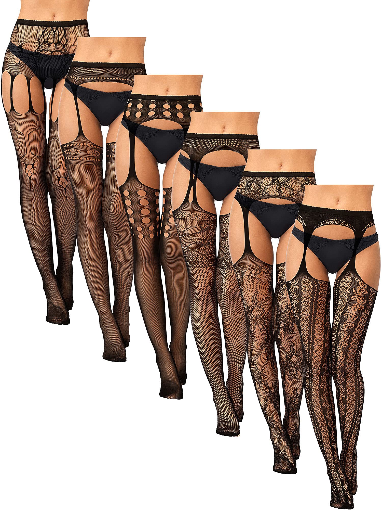 6 Pairs Fishnet Stockings for Women - Thigh High Suspender Pantyhose, Black Fish Net Tights with Lace Trim | Perfect for Cosplay, Halloween, Burlesque & Night Out