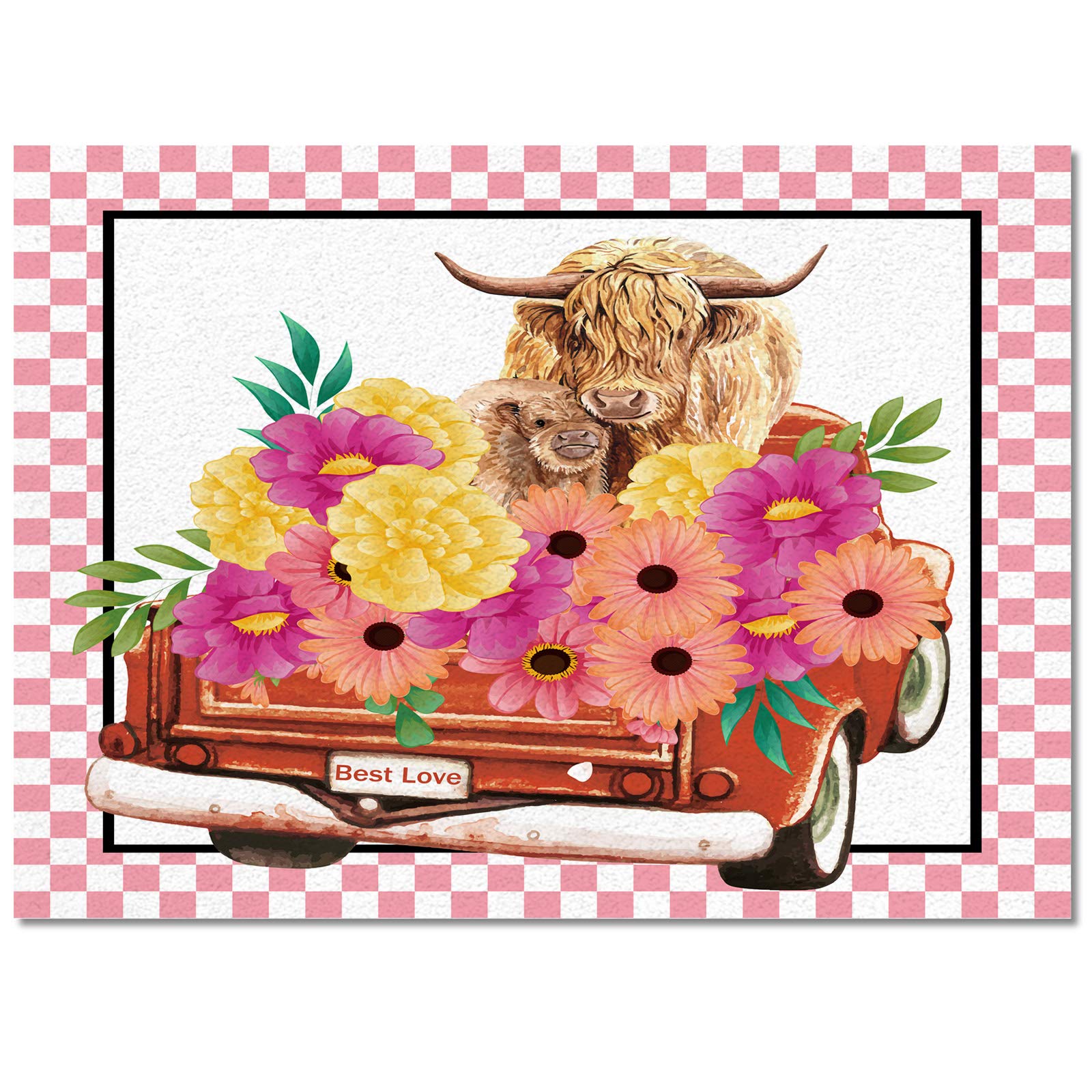 4'x7' Washable Area Runner Rug - Happy Mother's Day Floral Design for Indoor/Outdoor Use in Kitchen, Living Room, Bathroom, Bedroom, Classroom & Laundry Room - Farm Animal Cow Pink Buffalo Check Border Decor Rug
