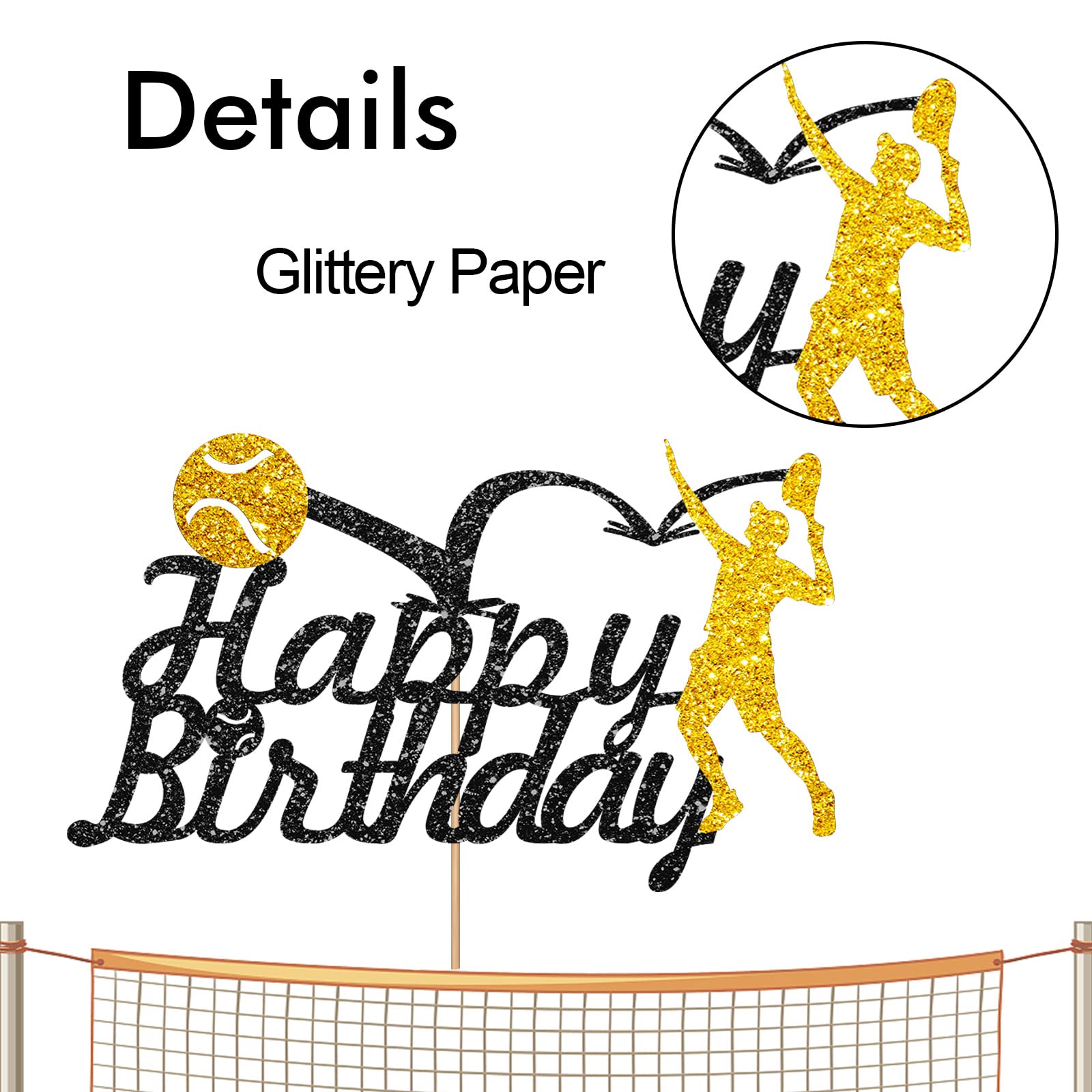 Tennis Happy Birthday Cake Topper - Gold & Black Glitter Sports Theme Cake Decorations for Tennis Racket Ball Player Birthday Party Supplies | Perfect for Tennis Lovers, Sports-Themed Celebrations & Game Day Parties