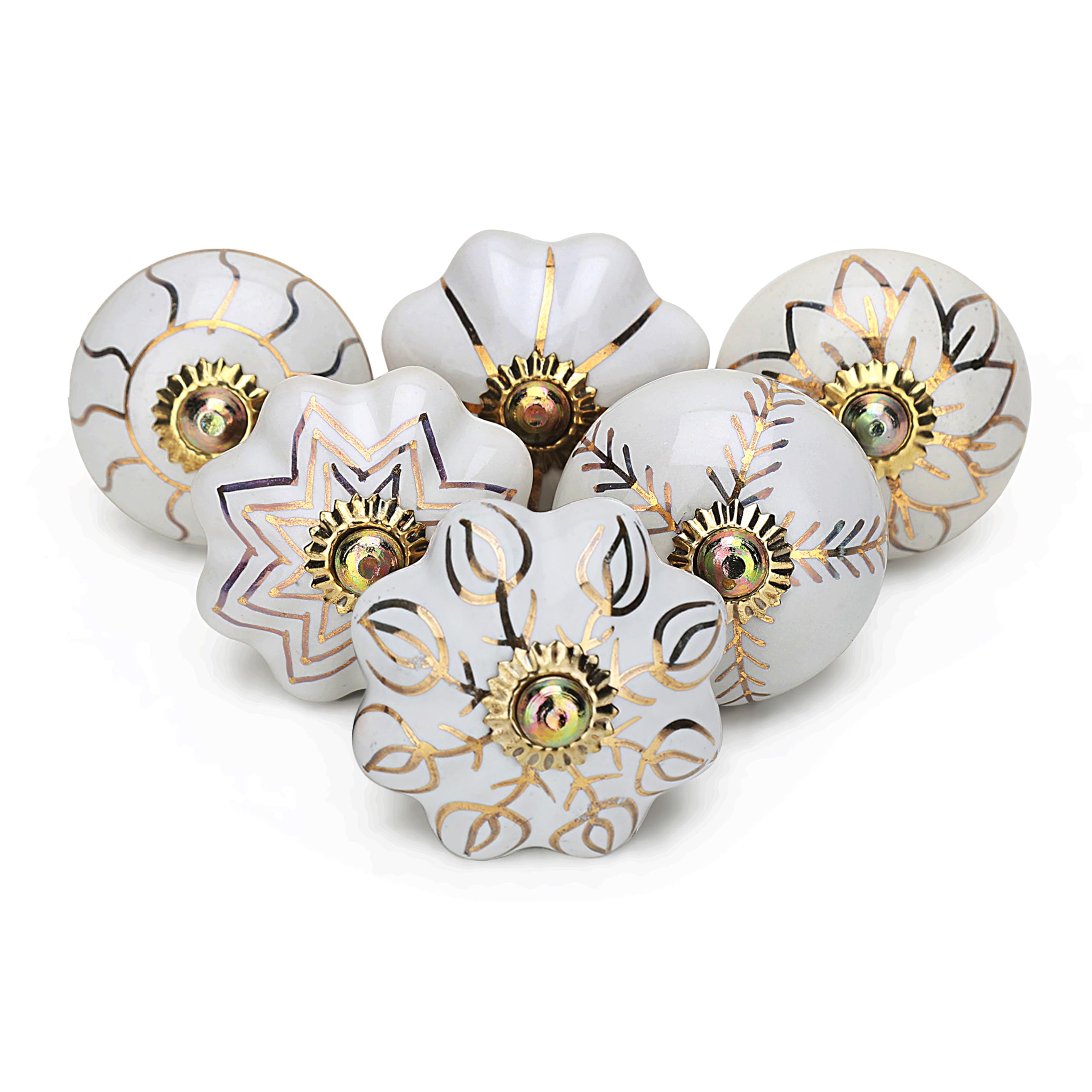 Vintage Ceramic Cabinet Knobs - Pack of 6, White & Gold Kitchen Drawer Handles for Cupboards, Dressers & Furniture (Assorted Colors) - Perfect for Farmhouse, Shabby Chic & Vintage Home Decor