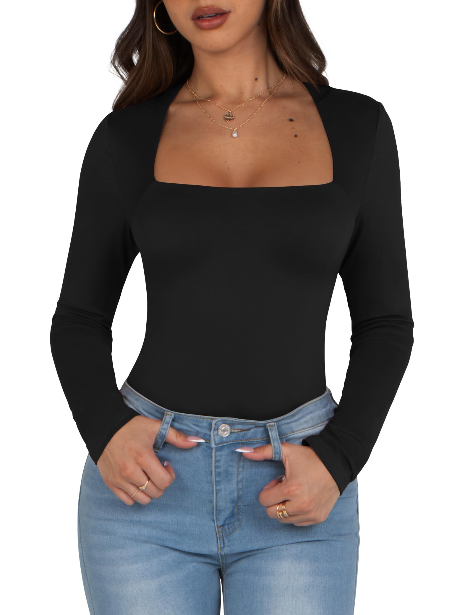 OYANUS Women's Sexy Long Sleeve Square Neck T-Shirt - Double Lined Slim Fit Basic Top for Fall Fashion | Perfect for Date Night, Club Wear & Casual Outfits