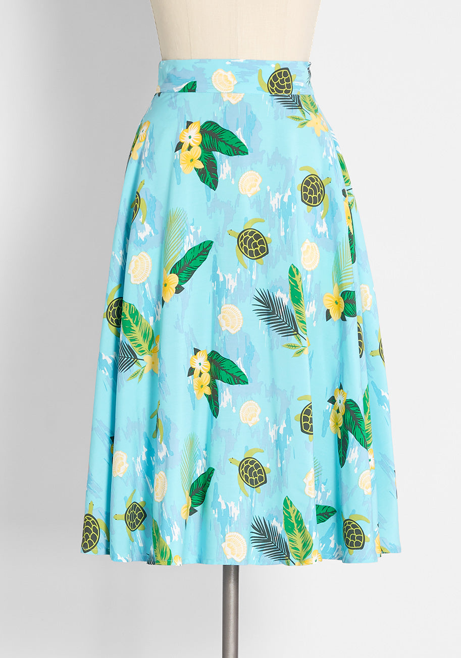 ModCloth x Collectif Sea Turtles Swing Skirt - Vintage Inspired Floral Print A-Line Skirt for Women | Perfect for Casual Wear, Beach Outings and Retro Fashion Styles