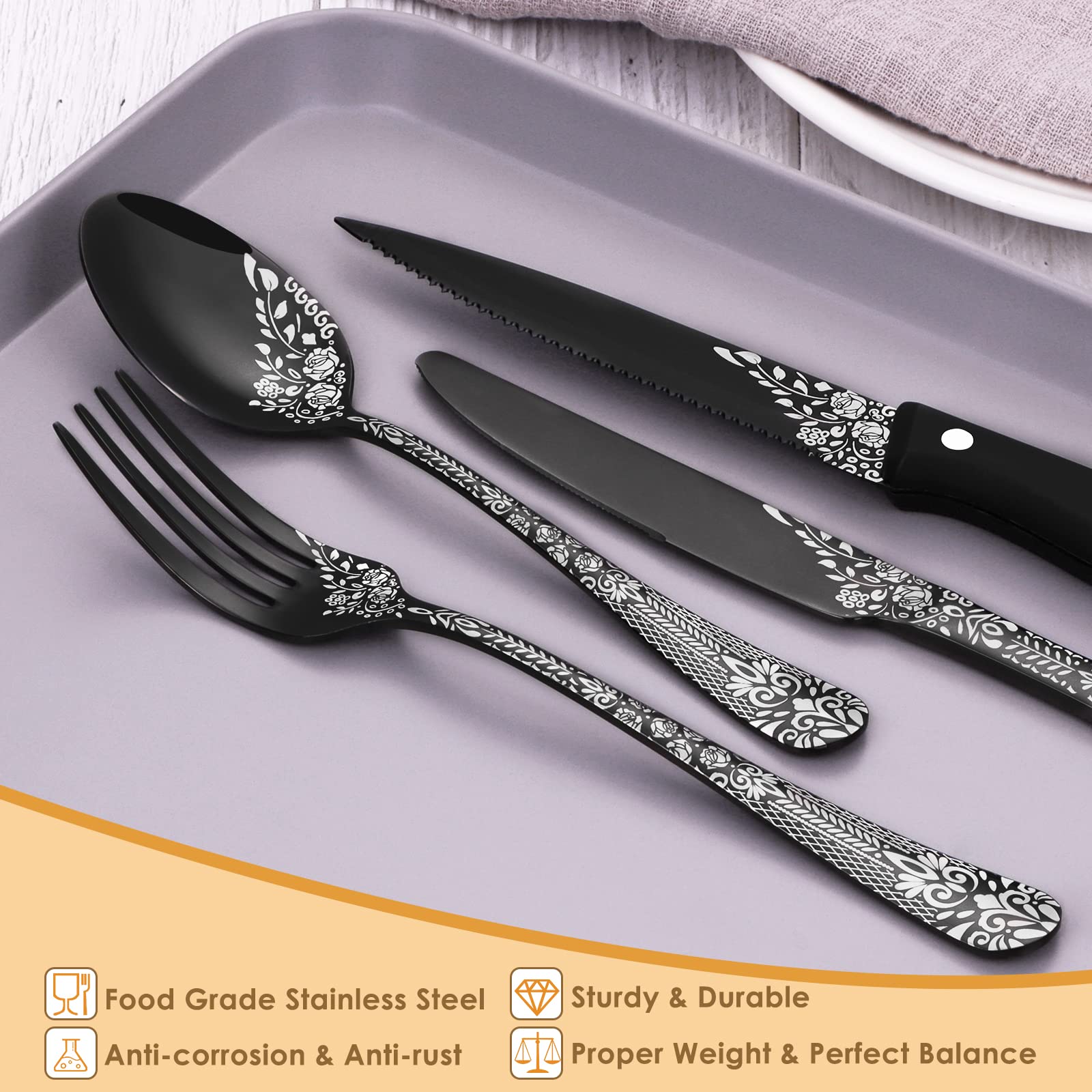 EUIRIO 36-Piece Black Silverware Set with Steak Knives - 6-Person Stainless Steel Mirror Cutlery Set with Unique Floral Laser Design (Spoons, Forks, Knives) - Dishwasher Safe Flatware for Everyday Dining, Dinner Parties & Restaurant Use
