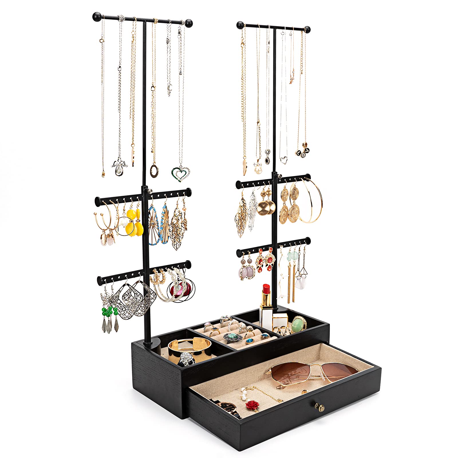 Vintage Black Wooden Jewelry Organizer Stand with Double Rods & 6-Tier Display - Necklace, Bracelet, Earring, Ring Storage Box for Bedroom, Dresser & Vanity - Perfect Jewelry Tree Holder for Home Decor & Gift