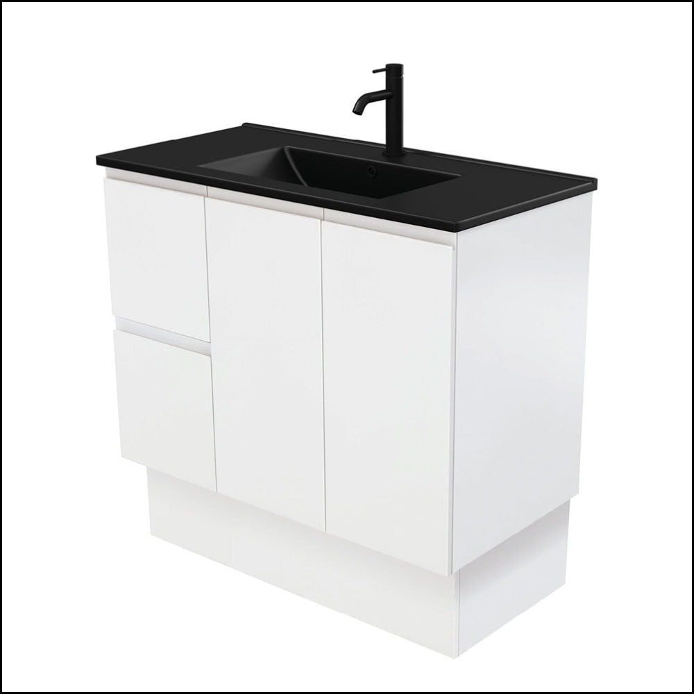 Fienza 900mm TCLB90ZKL Dolce Matte Black Bathroom Vanity with Fingerpull Satin White Finish, Left Drawers & Kickboard - Perfect for Modern Bathroom Renovations and Small Space Designs