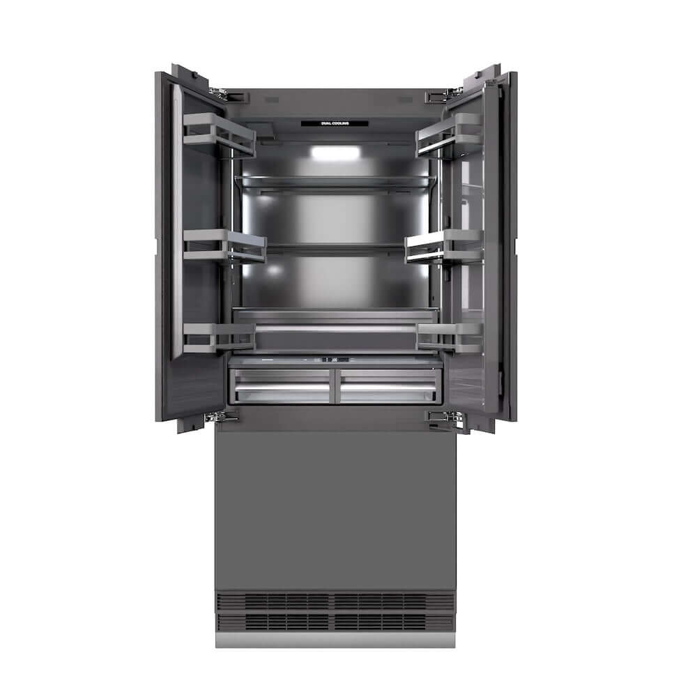 ZLINE GRBIVZ 36 CB 36-Inch Built-In French Door Refrigerator - 19.6 cu. ft. Capacity, Panel Ready, Bottom Freezer, Water Dispenser & Ice Maker, Graphite Gray Interior with Champagne Bronze Accents - Perfect for Modern Kitchens & Open-Concept Homes