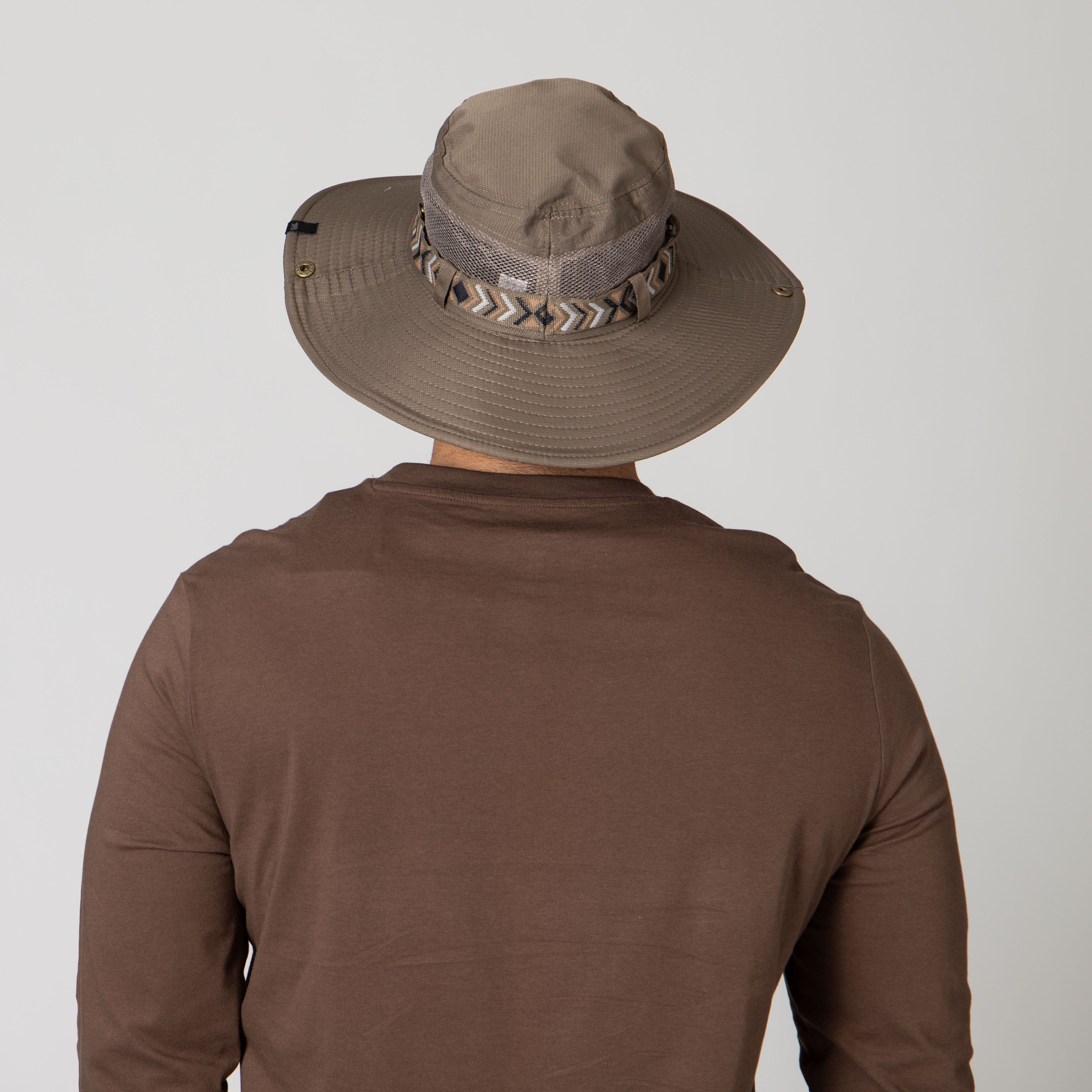 Men's Wide Brim Sun Hat with Jacquard Trim - UPF 50+ Waterproof Floating Hat for Beach, Fishing & Outdoor Activities
