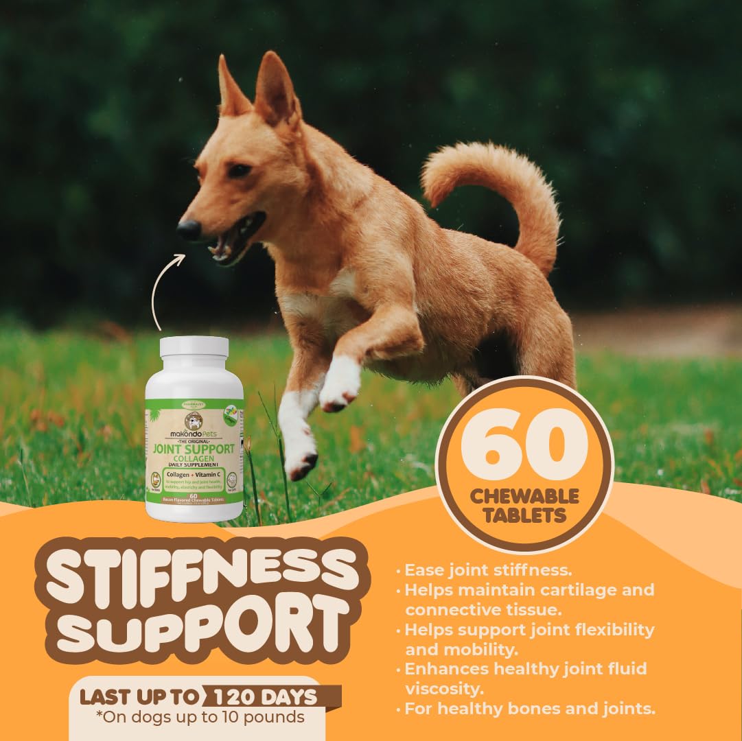 Premium Collagen Supplements for Dogs & Cats - Joint Health & Mobility Support with Vitamin C - Bacon Flavored Chewable Tablets (60 Count) - Ideal for Senior Pets & Active Animals