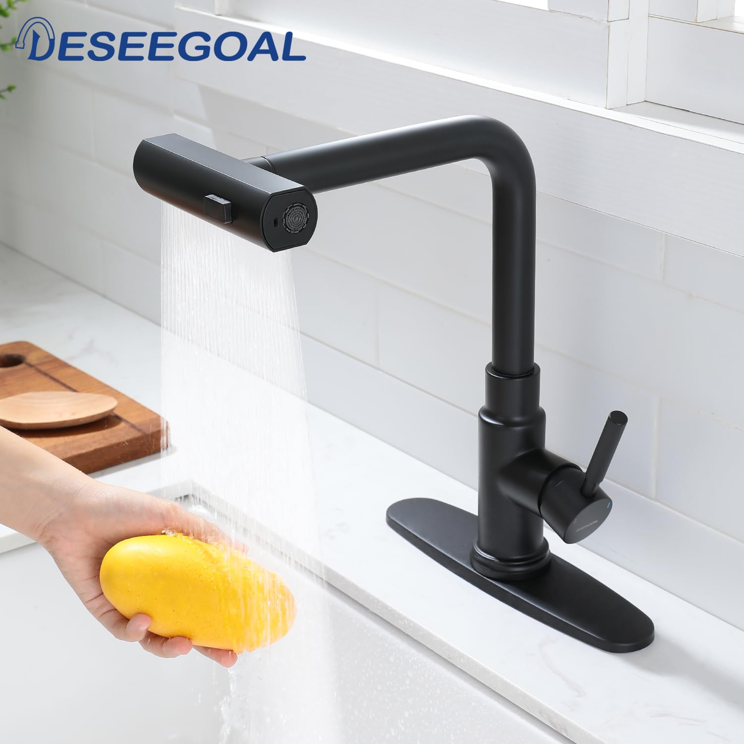 360° Rotatable Black Waterfall Kitchen Faucet with 3-Function Pullout Sprayer - Single Handle Design for 1 or 3 Hole Installation - Perfect for Modern and Farmhouse Kitchen Sinks