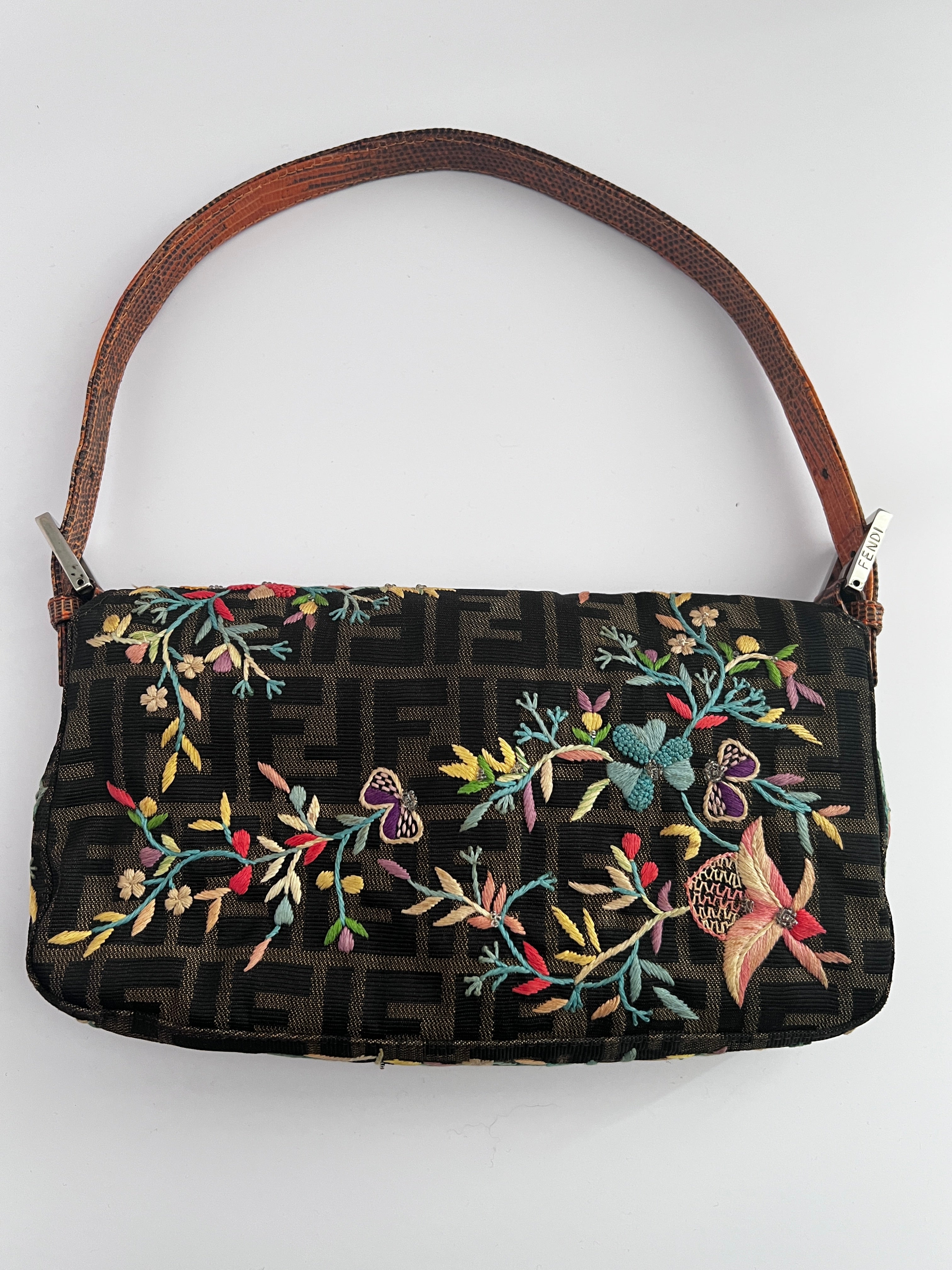 Vintage Fendi Embroidered Lizard Skin Trimmed Zucca Baguette Bag - Luxury Designer Handbag for Women, Perfect for Evening Parties & Special Occasions