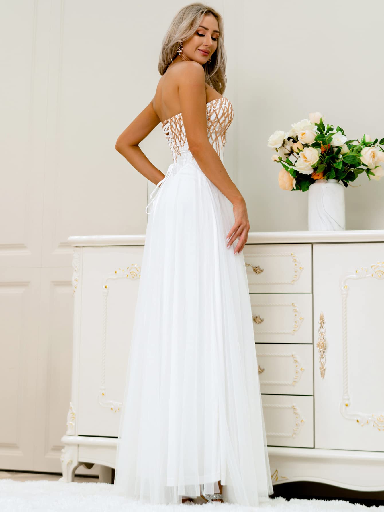 Sparkling Sequin Off Shoulder Mesh Long Wedding Dress for Bride - Perfect for Beach, Church and Formal Bridal Ceremonies