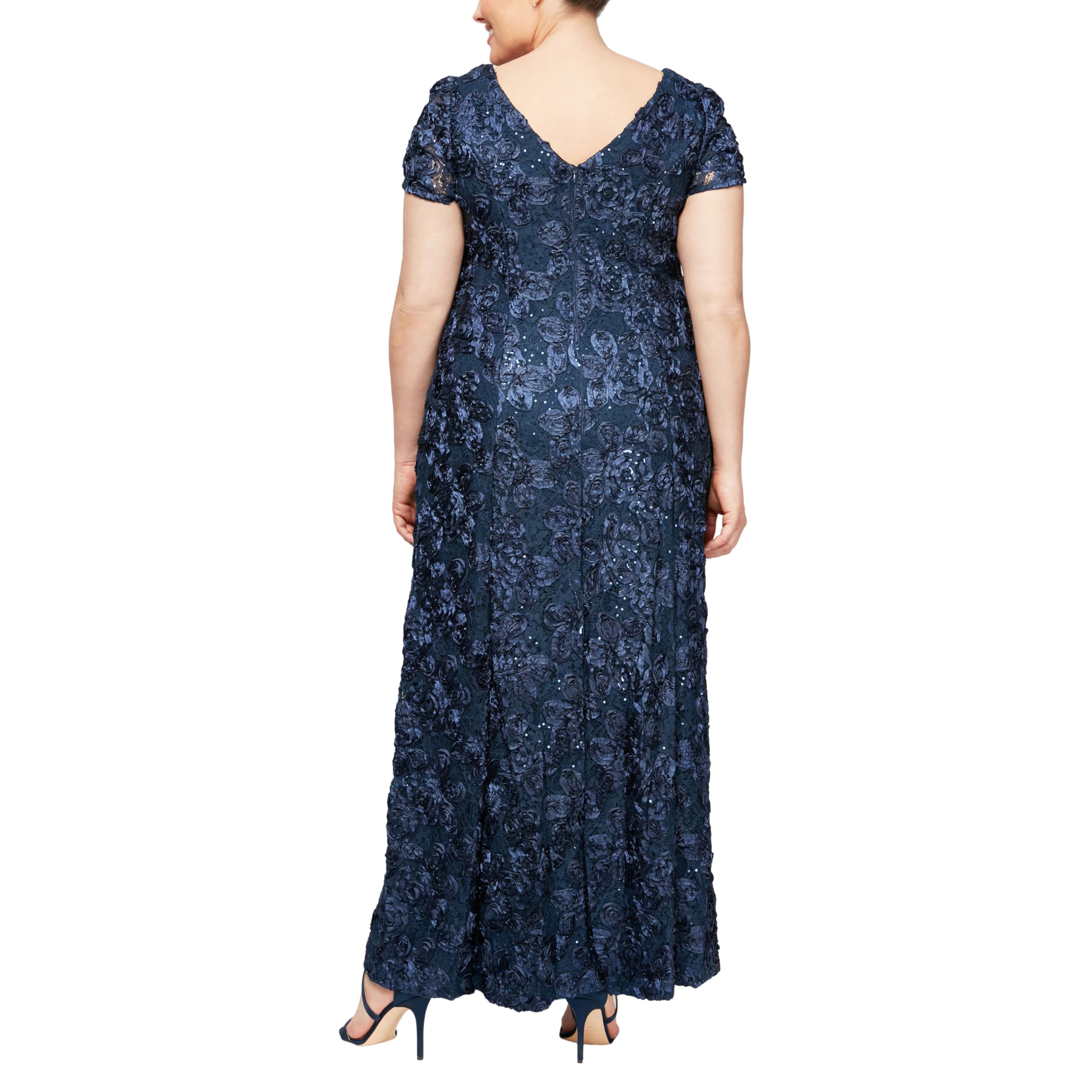 Alex Evenings Women's Plus Size Long Rosette Mother of The Bride Dress - Elegant Short Sleeve Formal Gown for Wedding Guest, Bridal Party & Special Occasions