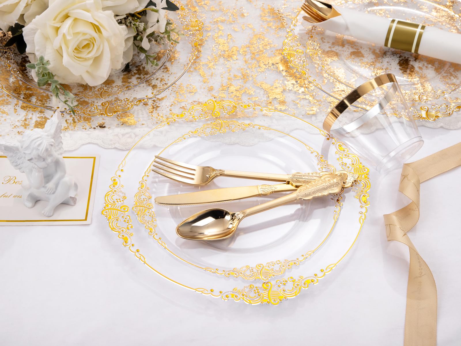 175PCS Clear Gold Plastic Plates Disposable - Elegant Party Dinnerware Set for 25 Guests (50 Plates, 75 Silverware, 25 Cups, 25 Napkins) - Perfect for Weddings, Birthday Parties & Special Events