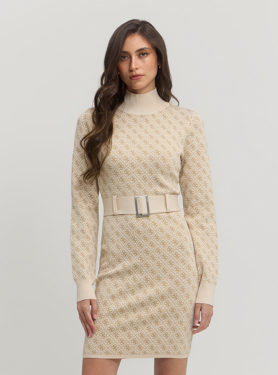 Beige Logo Belted Knit Midi Dress for Women - Elegant Casual Office Wear & Spring Outfits