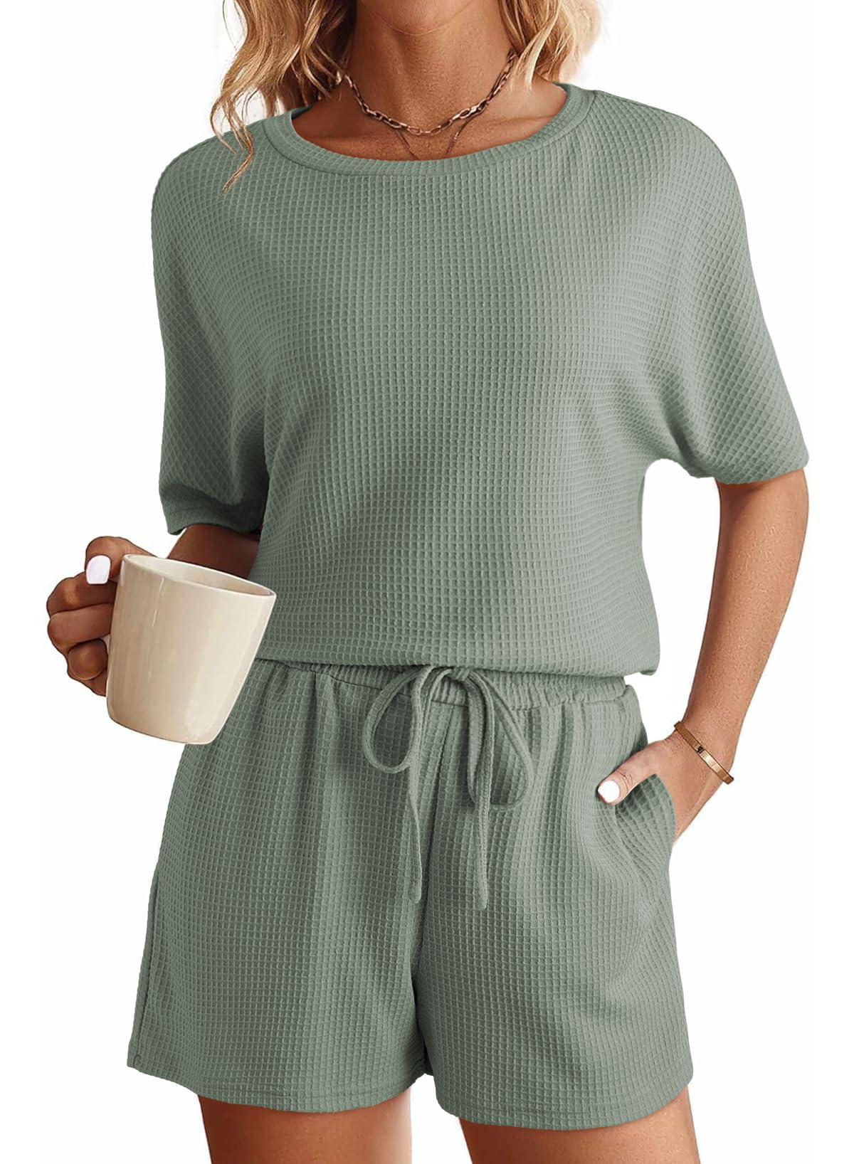 SHEWIN Women's Waffle Knit Pajama Set - 2 Piece Loungewear Outfit with Pockets | Soft & Cozy Sleepwear for Nighttime & Lounge Wear at Home
