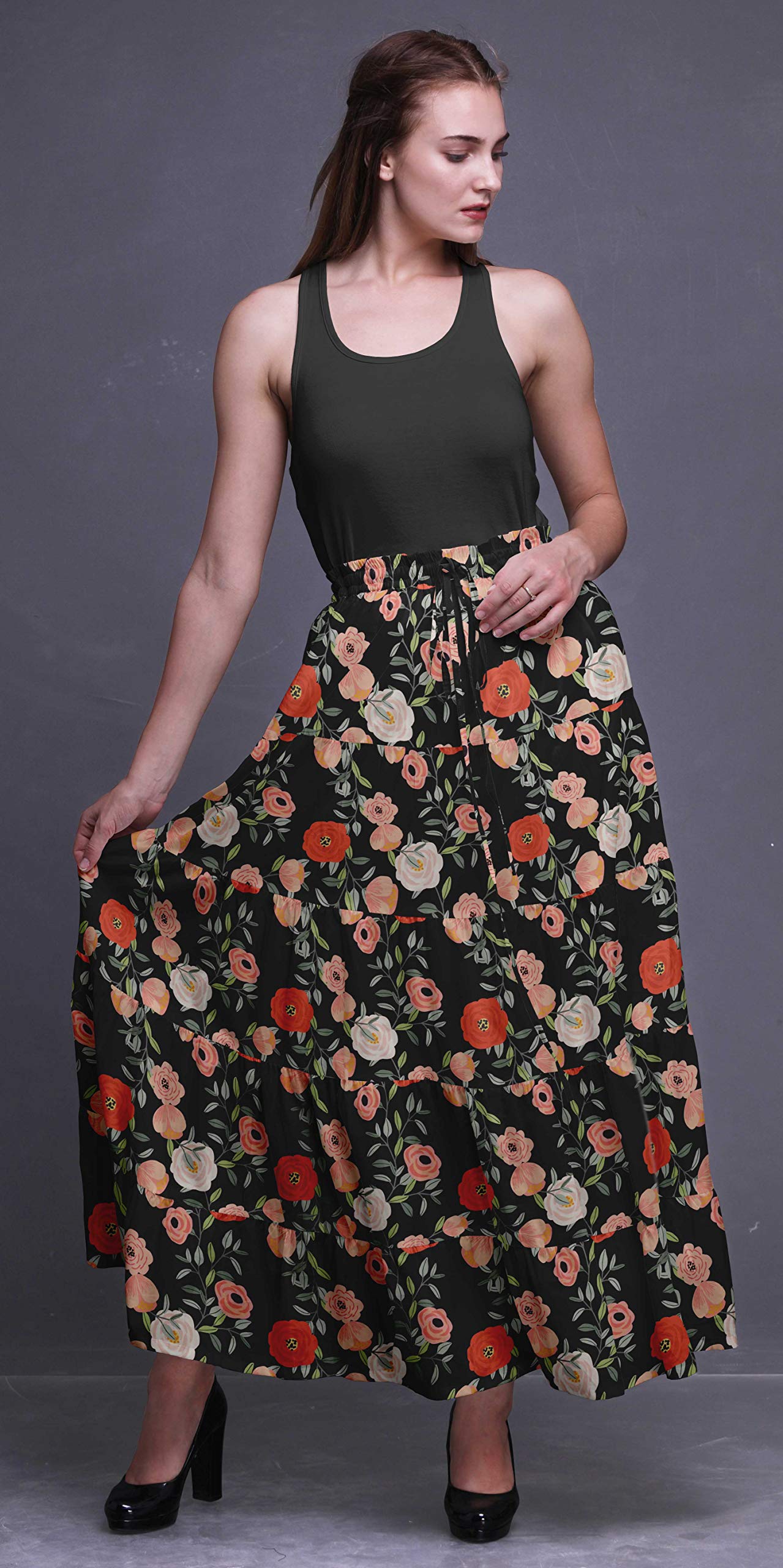Bimba Women's Printed Long 5-Tier Cotton Skirt - Boho Style Maxi Skirt for Casual Wear, Beach Vacation & Summer Outfits
