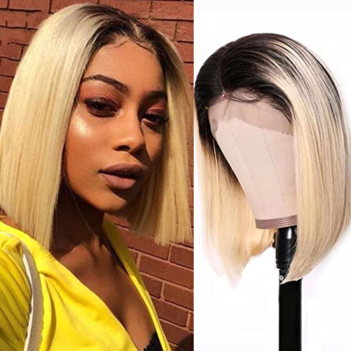 10 Inch Blonde Lace Front Bob Wig - Human Hair Short Bob Wig with 150% Density, Glueless Ombre Straight Style, Pre-Plucked 13x6x1 Lace Front, Natural #1b613 Hair Color - Perfect for Daily Wear, Cosplay & Special Occasions