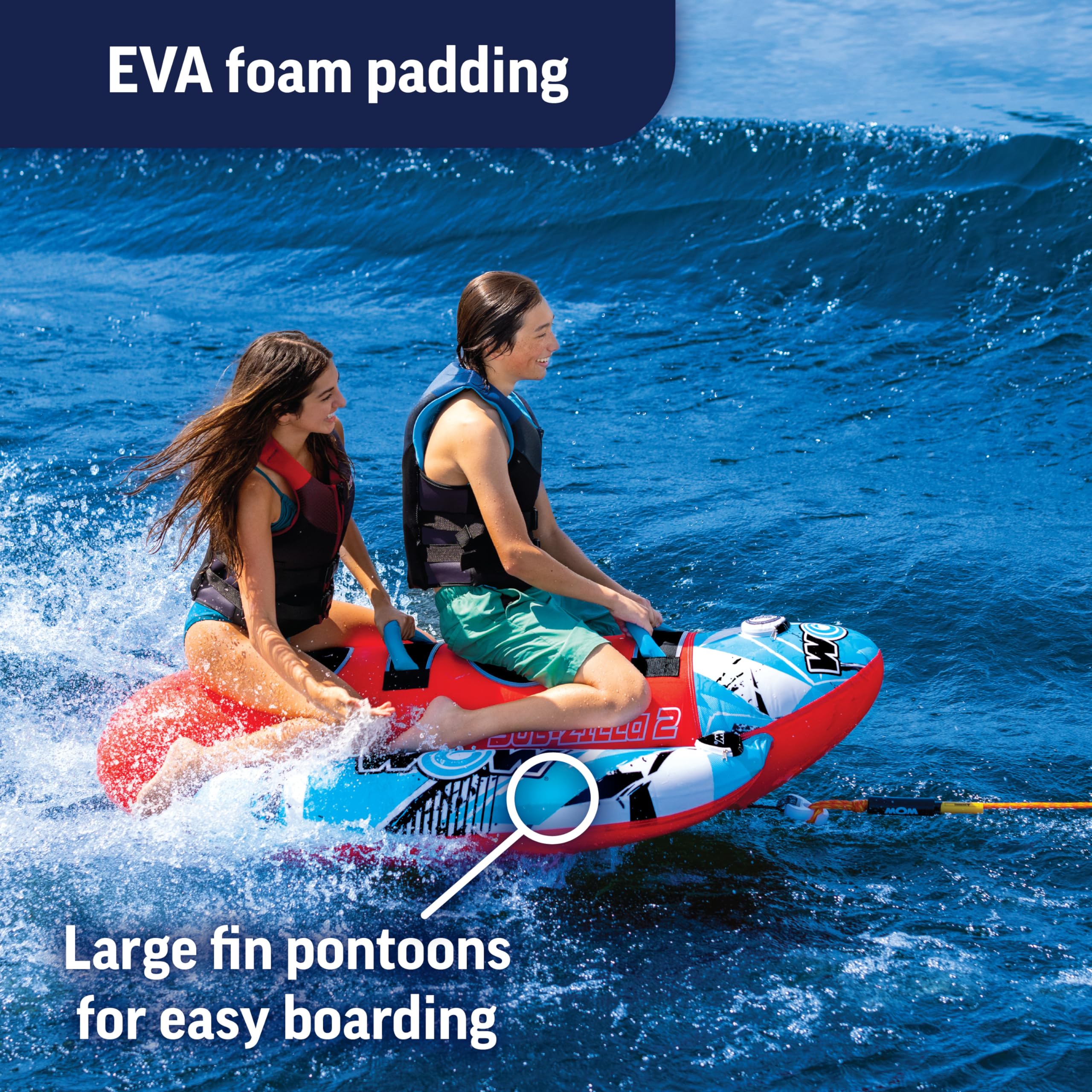 WOW Sports Super Sub Towable Tube for Boating - 1-2 Person Inflatable Water Tube with 340 lbs Capacity - Perfect for Water Sports, Lake & Ocean Fun - Great for Youth & Adults