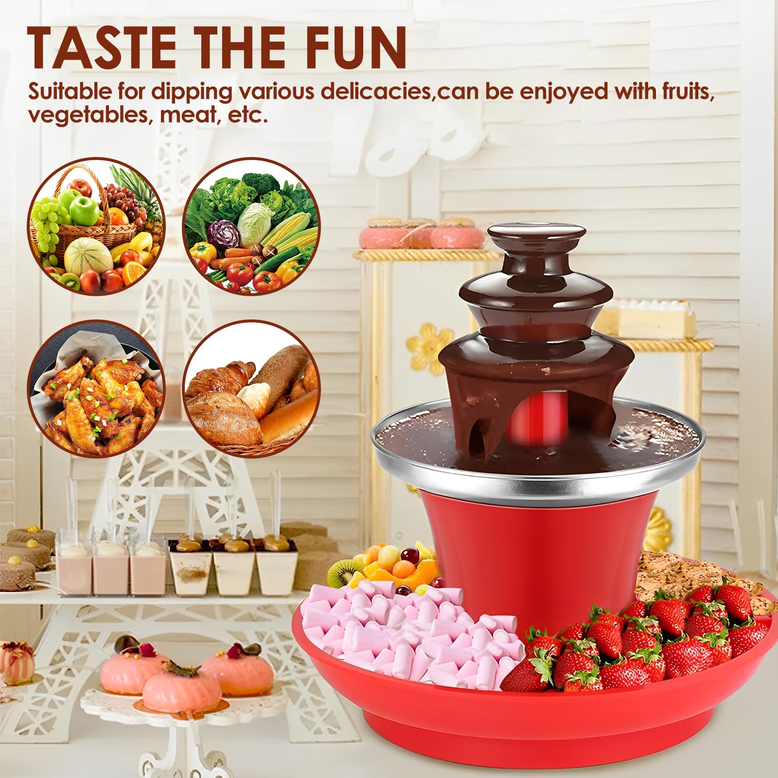 3-Tier Stainless Steel Electric Chocolate Fountain Machine with Removable Serving Tray - 17oz Capacity Chocolate Melting Fondue Fountain for Parties, Weddings, and Family Gatherings - Perfect for Dipping Fruits, Marshmallows, and Desserts at Birthday Celebrations and Holiday Events