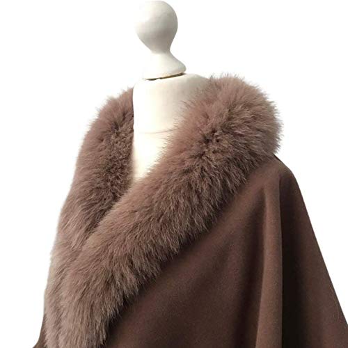Luxury Brown Women's Winter Coat with Fox Fur Cape Trim - Camel Warm Poncho Jacket with Lining - Tan Heavy Winter Coat for Women | Perfect for Cold Weather, Holiday Outfits & Fashionable Outerwear