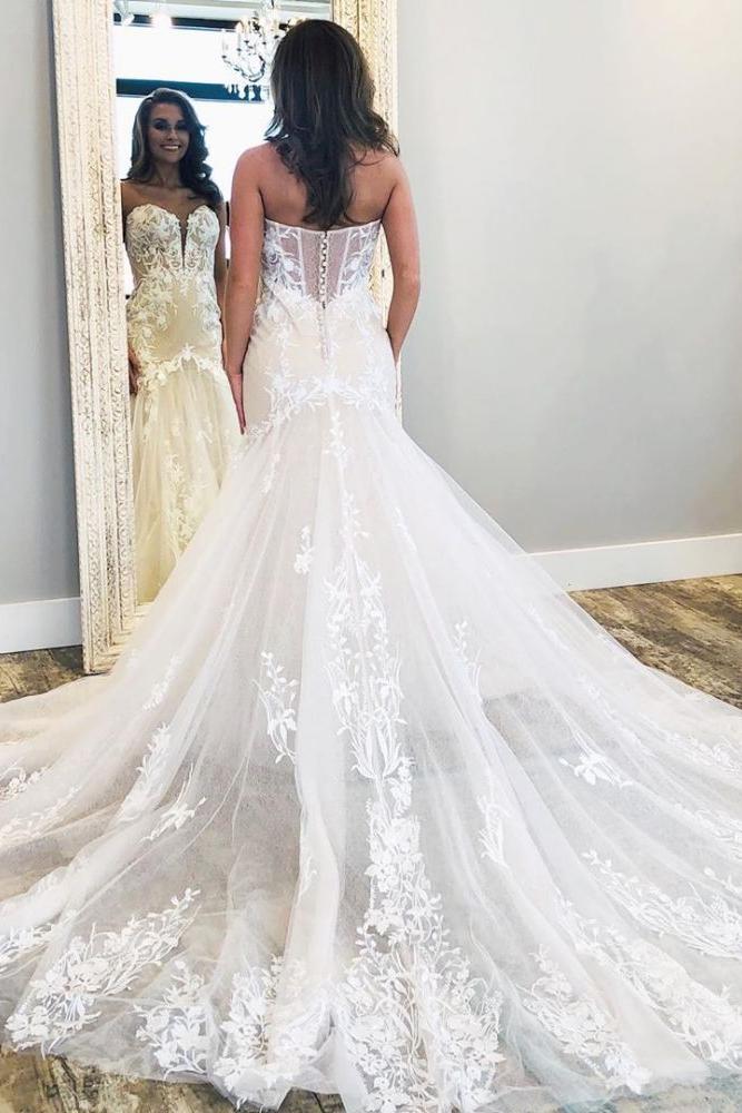 Affordable V-Neck Sleeveless White Lace Wedding Dress with Train - Perfect for Bridal Showers, Beach Weddings & Romantic Ceremonies