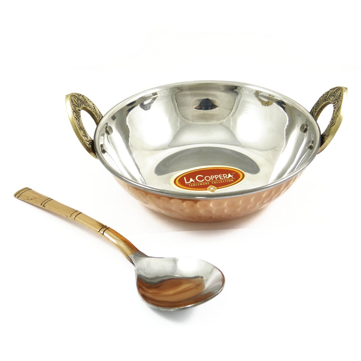 Authentic Indian Copper Steel Karahi with Spoon - Traditional Serveware for Curry, Biryani & Stews - Perfect for Dinnerware, Party Serving & Home Cooking