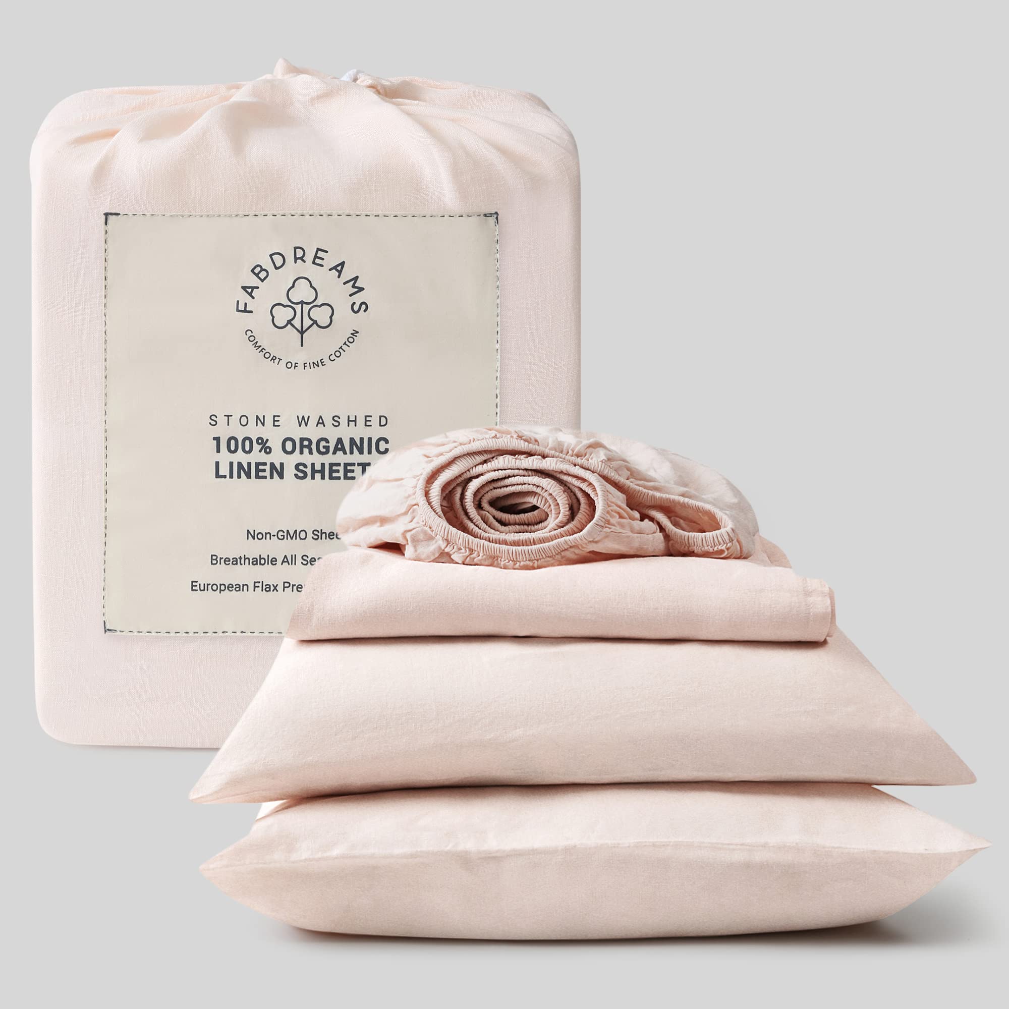 Organic Linen Queen Sheet Set - 4 Piece Cooling Bedding Set with 1 Fitted Sheet, 1 Flat Sheet & 2 Pillowcases | Breathable, Soft & Eco-Friendly Linen Sheets for Queen Size Bed | Perfect for Hot Sleepers, Summer Nights & Allergy Relief (Blush Pink)