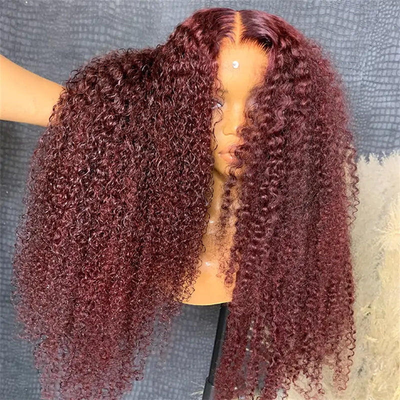 Eullair #99J Burgundy Kinky Curly Lace Frontal Wig - Glueless Human Hair Wig with Natural Hairline for African American Women | Perfect for Daily Wear, Parties & Special Occasions