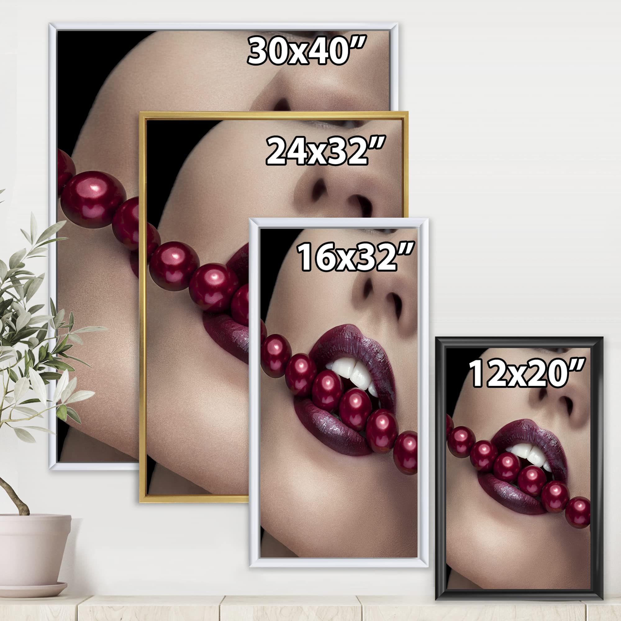 DesignQ Modern Framed Canvas Wall Art - Woman Biting Red Lips with Pearl Accents | Elegant Home Decor for Living Room, Bedroom & Office
