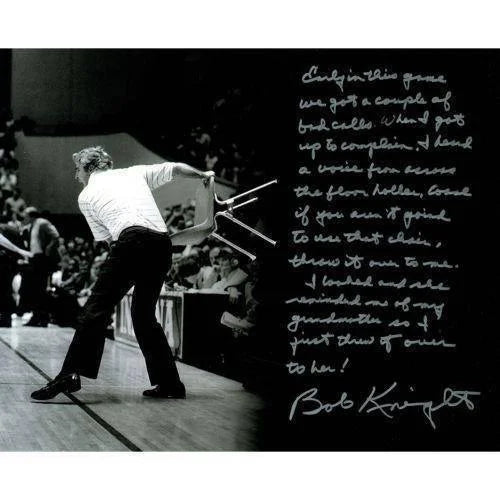 Authentic Bob Knight Signed Indiana Hoosiers Throwing Chair 16x20 Photo - Legendary Basketball Memorabilia for Sports Fans & Collectors | Perfect for Man Cave, Sports Bar Decor, or Gift for IU Alumni