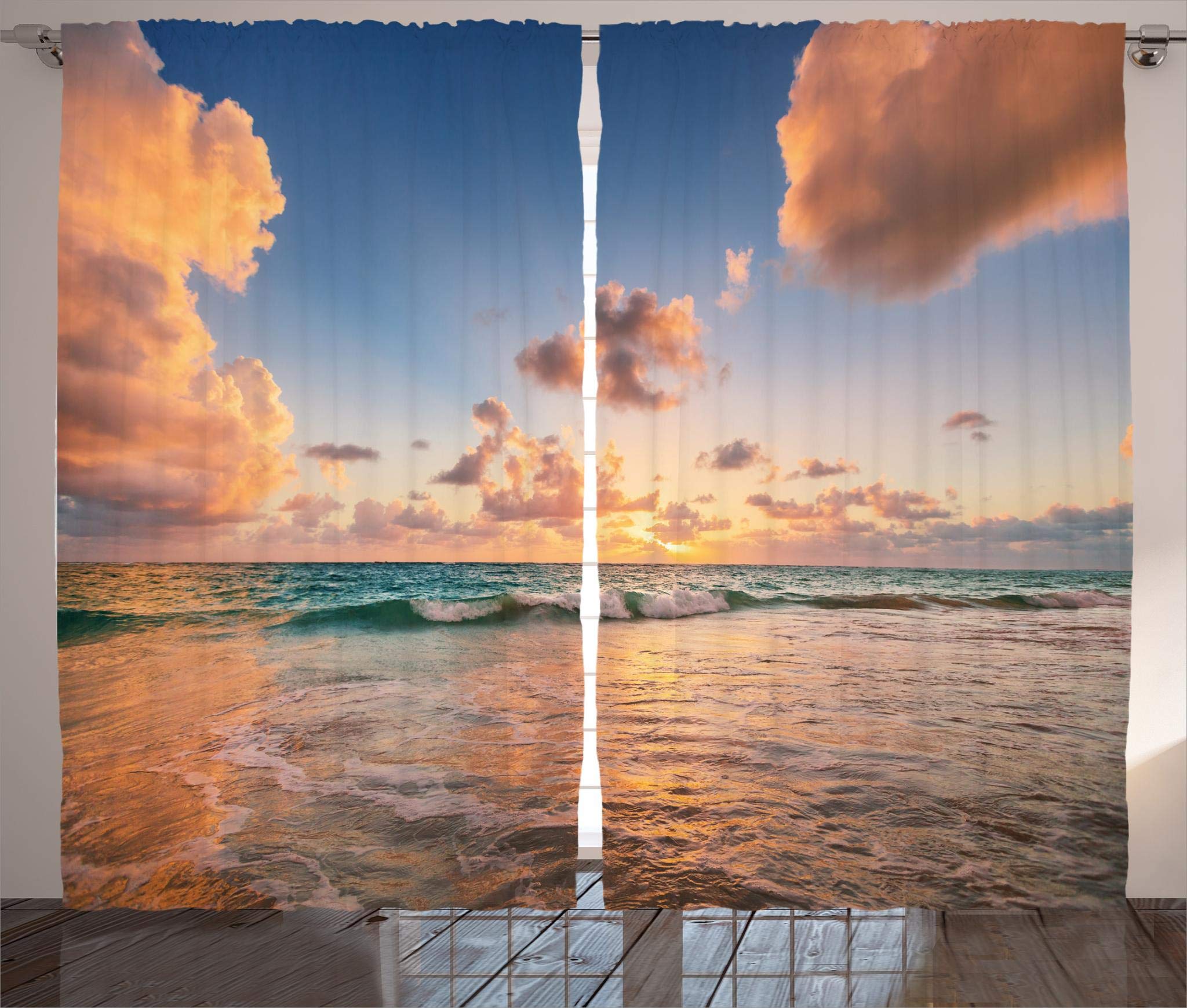 Ambesonne Clouds Curtains - Sunrise Over Tropical Caribbean Sea Ocean Landscape Design, 2 Panel Window Drapes for Living Room & Bedroom (108