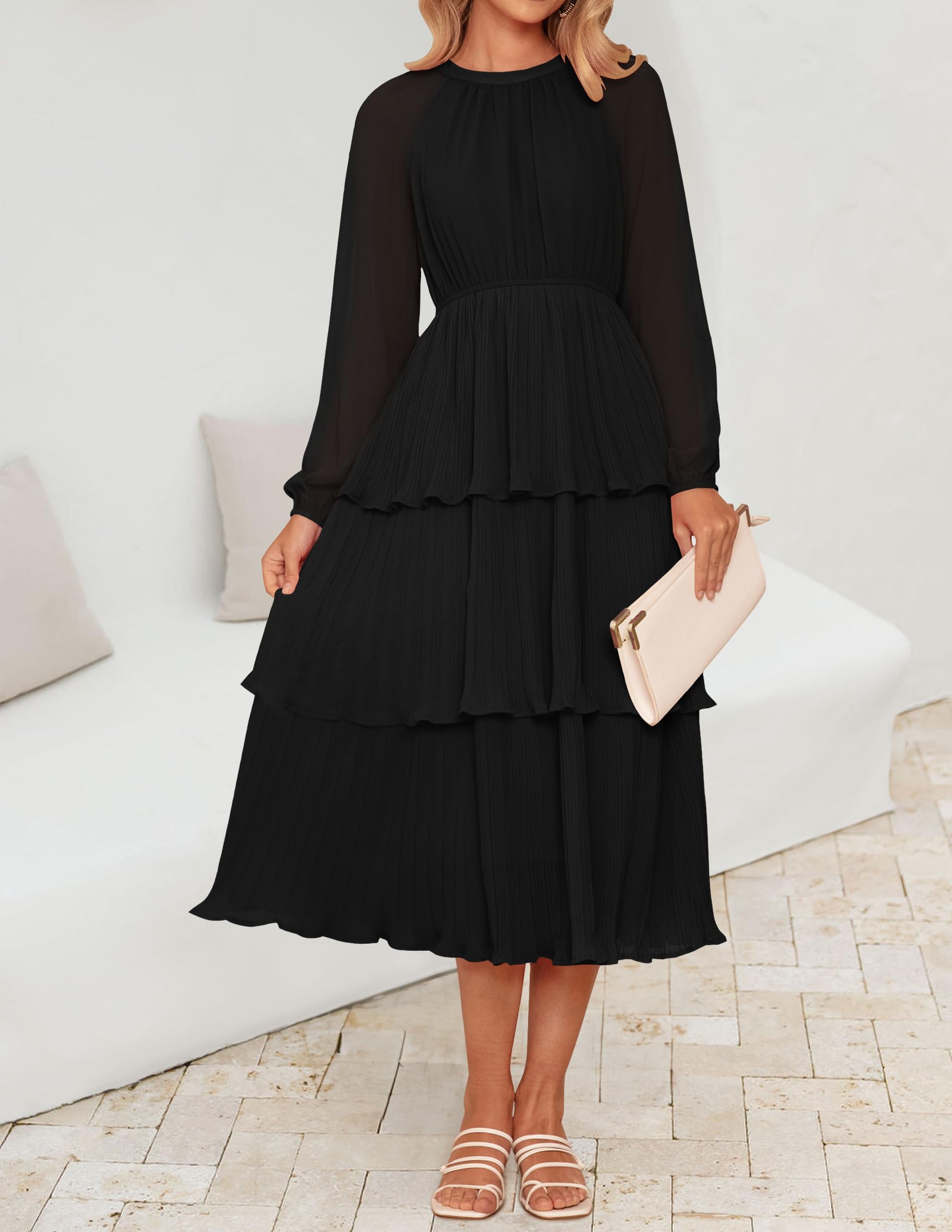 ZESICA Women's 2025 Long Sleeve Crew Neck Ruffle Tiered Chiffon Flowy Swing Midi Dress - Elegant Casual & Party Wear for Spring Summer Occasions