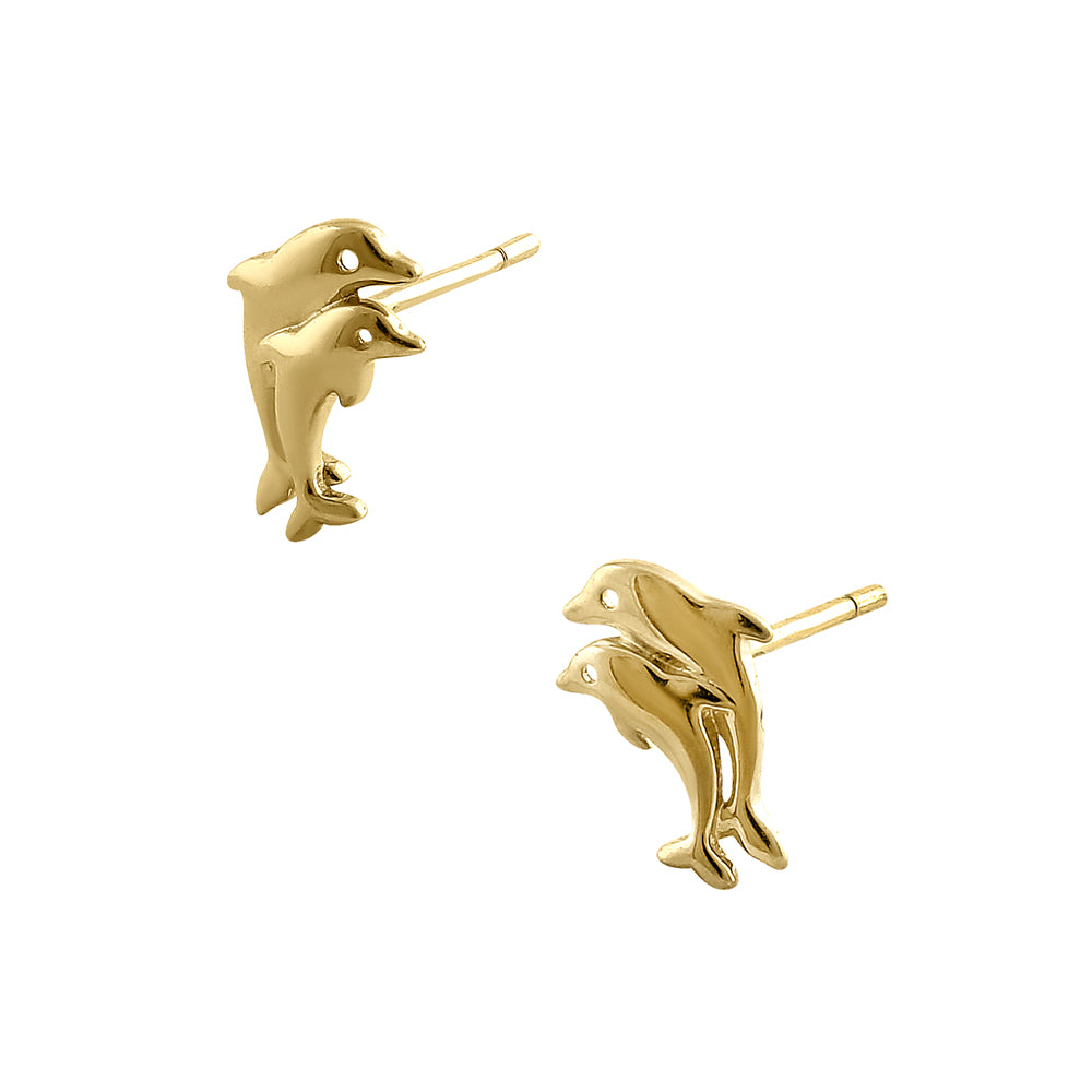 14K Solid Yellow Gold Twin Dolphin Stud Earrings - Perfect for Beach Vacations, Summer Parties & Ocean Lover Gifts