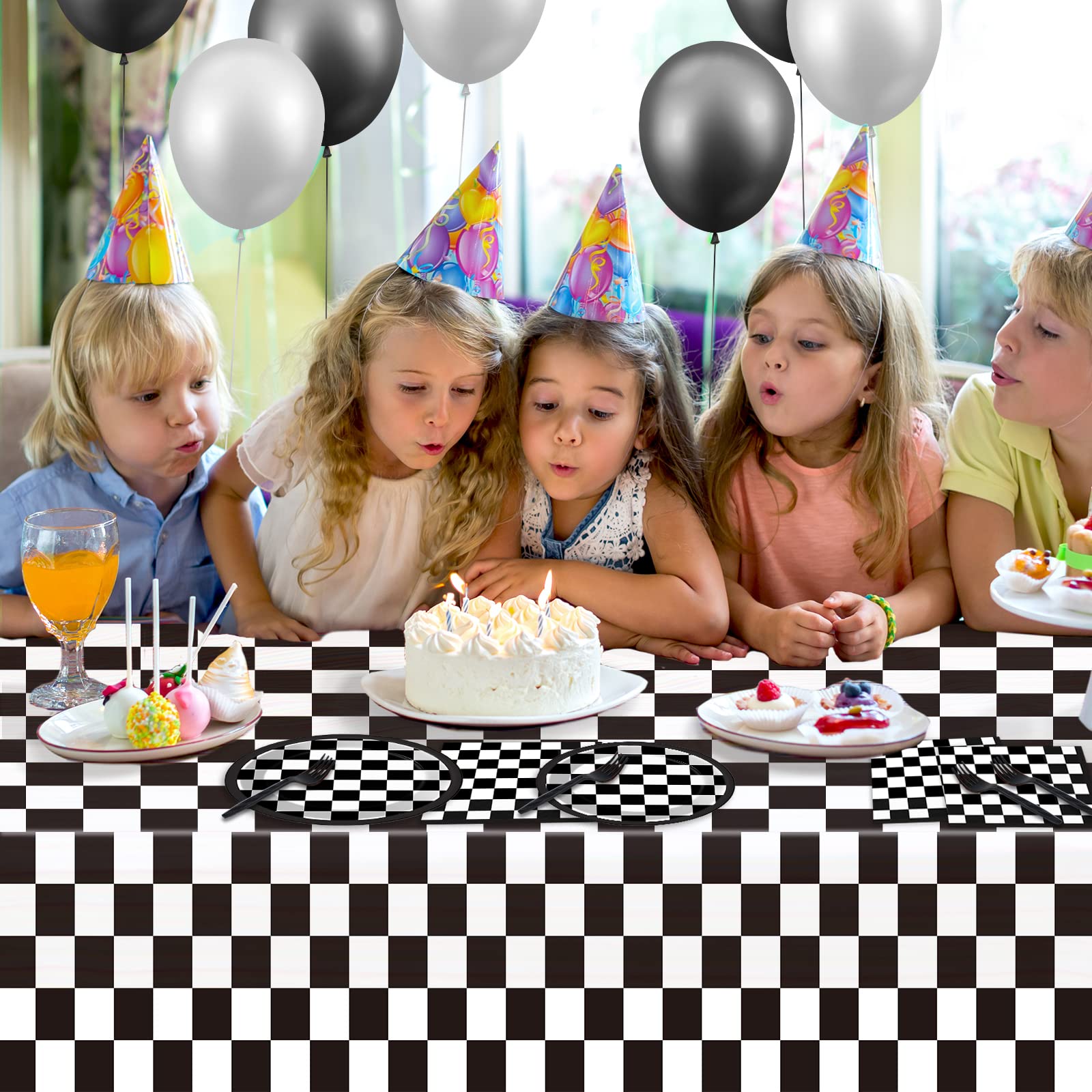98-Piece Black and White Checkered Racing Party Supplies Set - Race Car Themed Tableware, Dinnerware & Decorations with Tablecloth, Plates, Napkins & Forks for Birthday Parties, Baby Showers & Sports Events